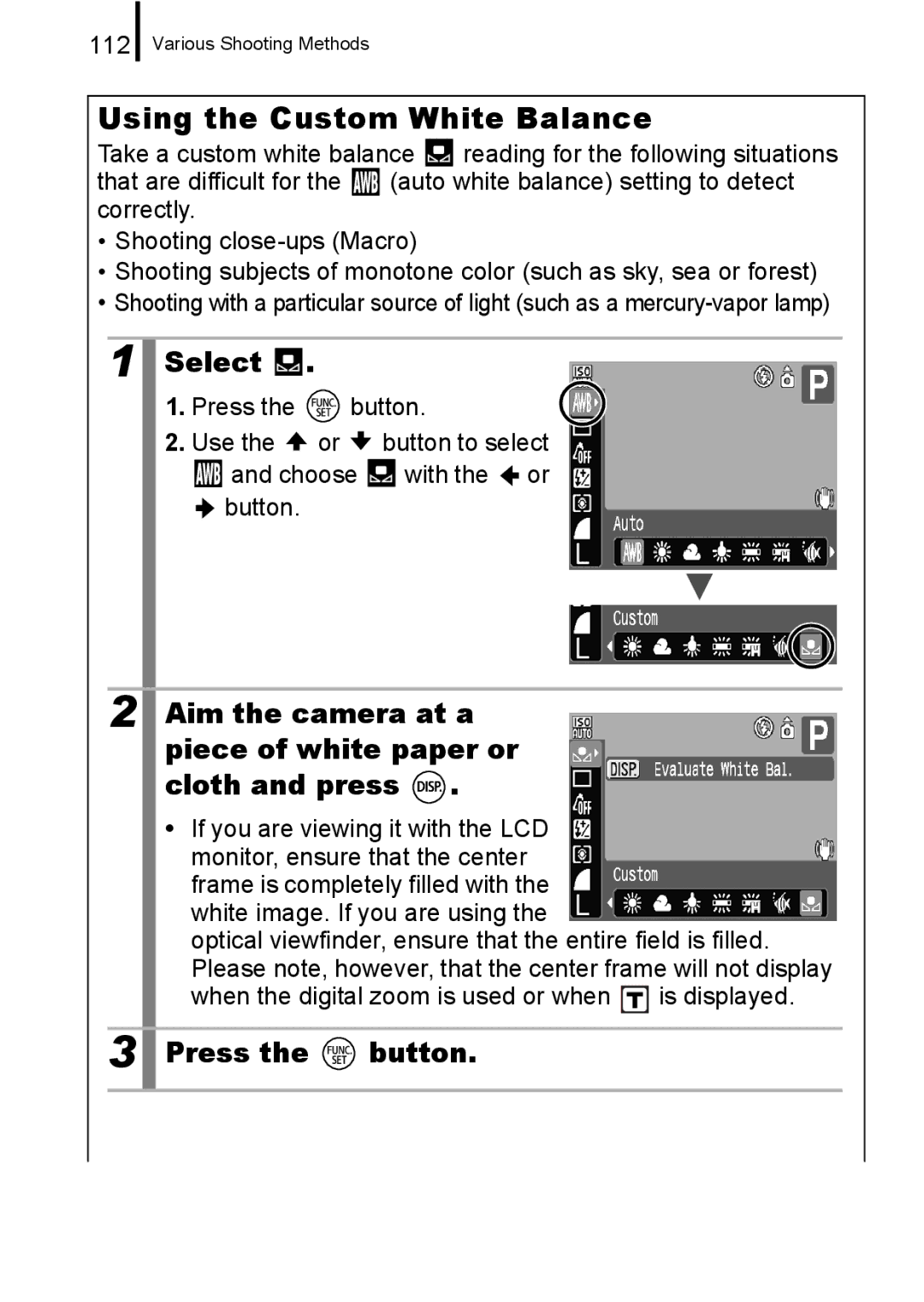 Canon A650 IS appendix Using the Custom White Balance, Aim the camera at a piece of white paper or cloth and press, 112 