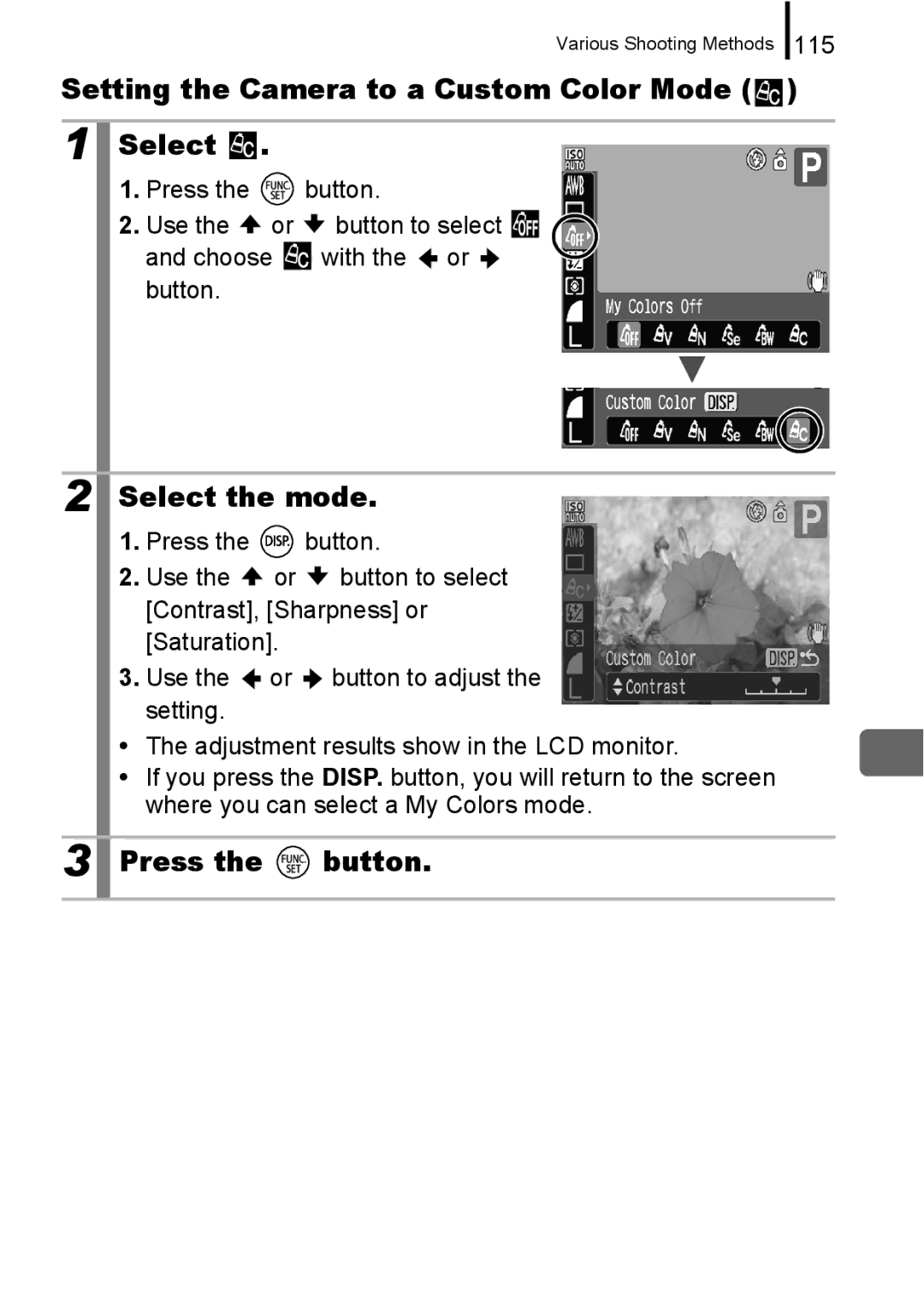 Canon A650 IS appendix Setting the Camera to a Custom Color Mode, Select the mode, 115 