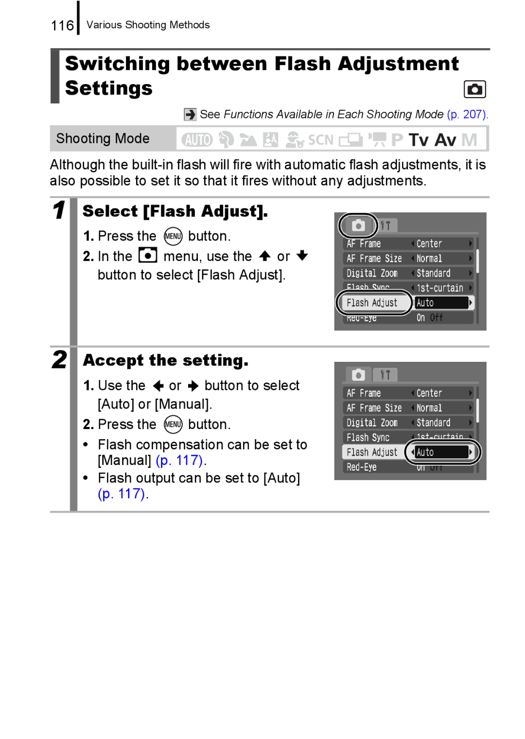 Canon A650 IS appendix Switching between Flash Adjustment Settings, Select Flash Adjust, 116 