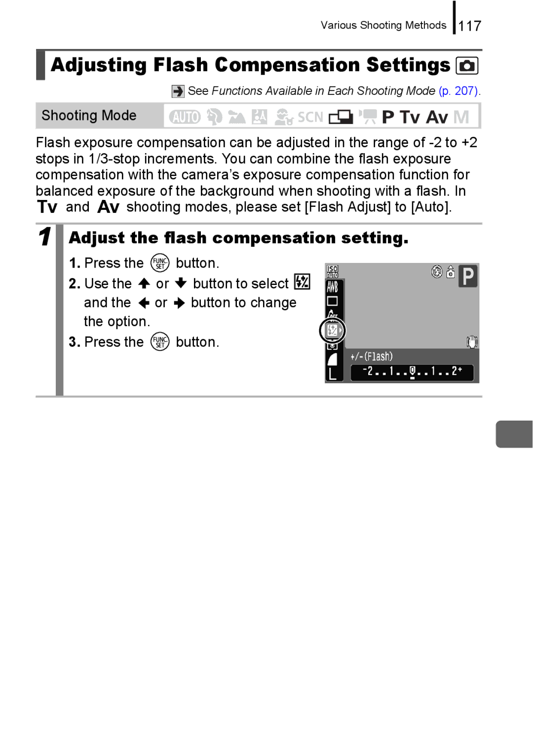 Canon A650 IS appendix Adjusting Flash Compensation Settings, Adjust the flash compensation setting, 117 