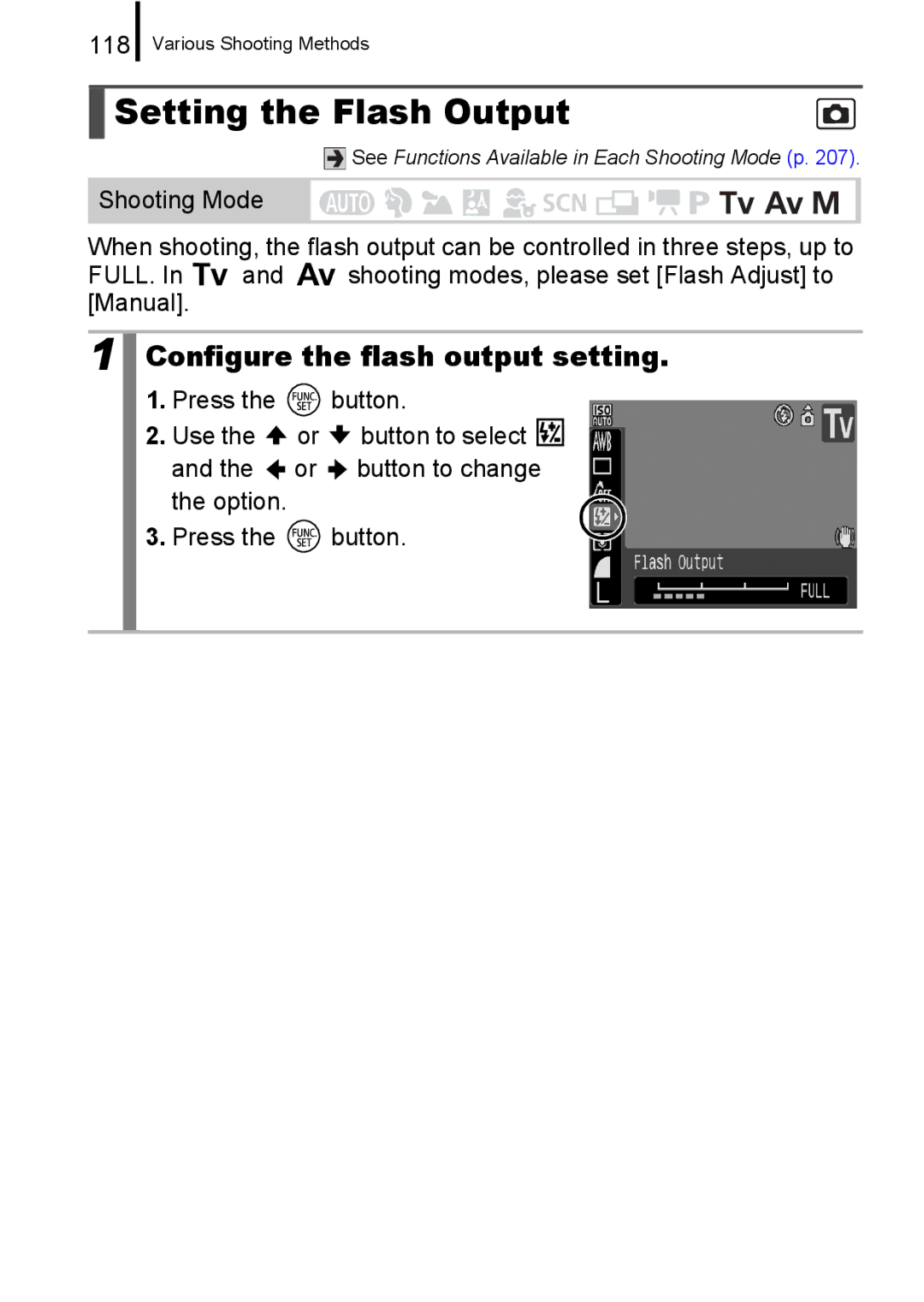 Canon A650 IS appendix Setting the Flash Output, Configure the flash output setting, 118 