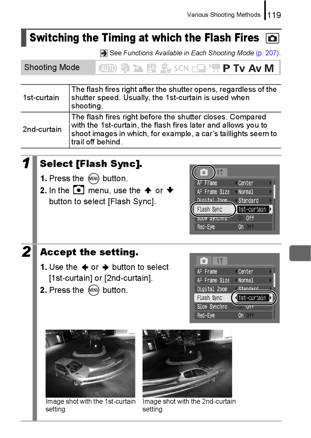 Canon A650 IS appendix Switching the Timing at which the Flash Fires, Select Flash Sync, 119 