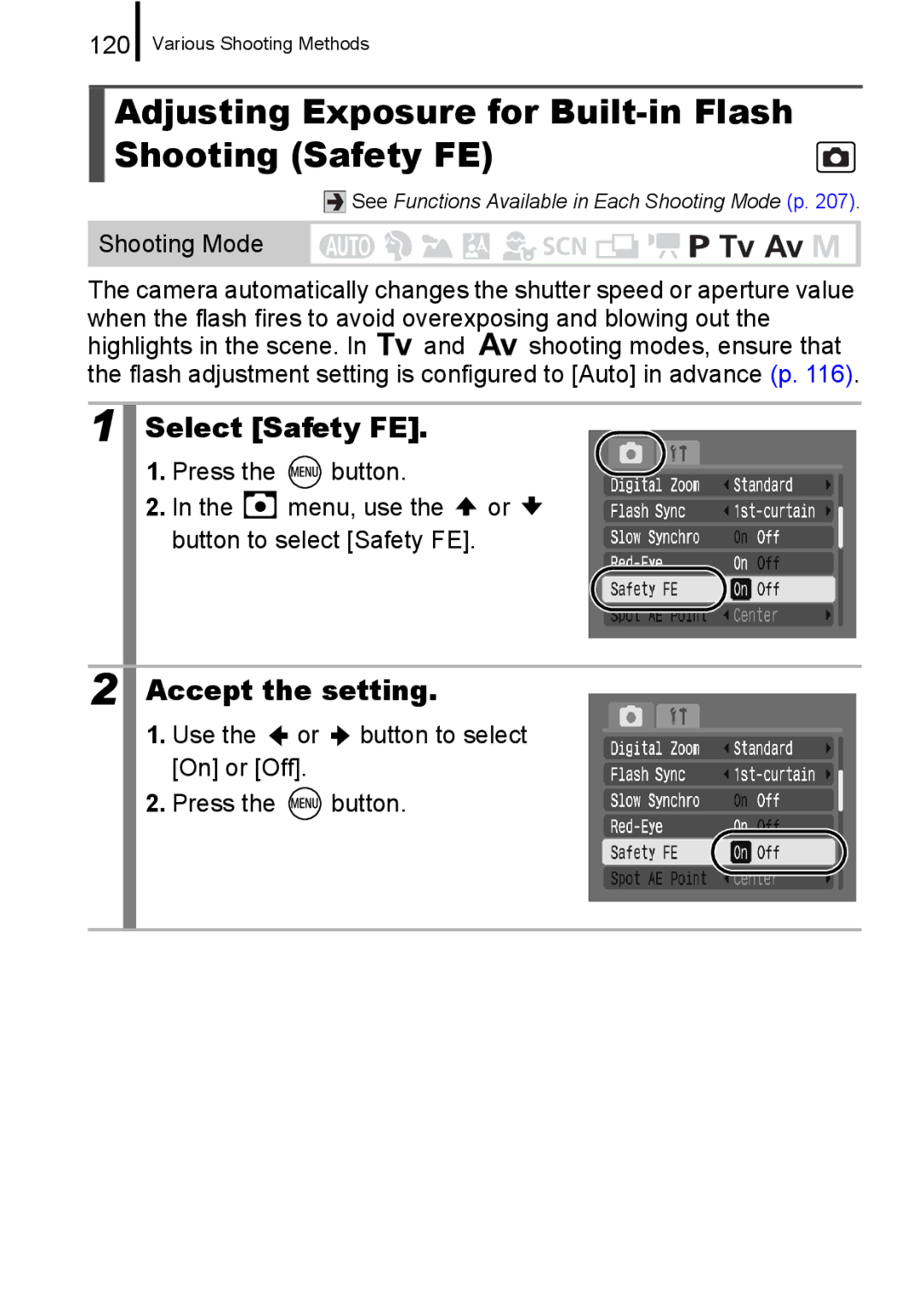 Canon A650 IS appendix Adjusting Exposure for Built-in Flash Shooting Safety FE, Select Safety FE, 120 