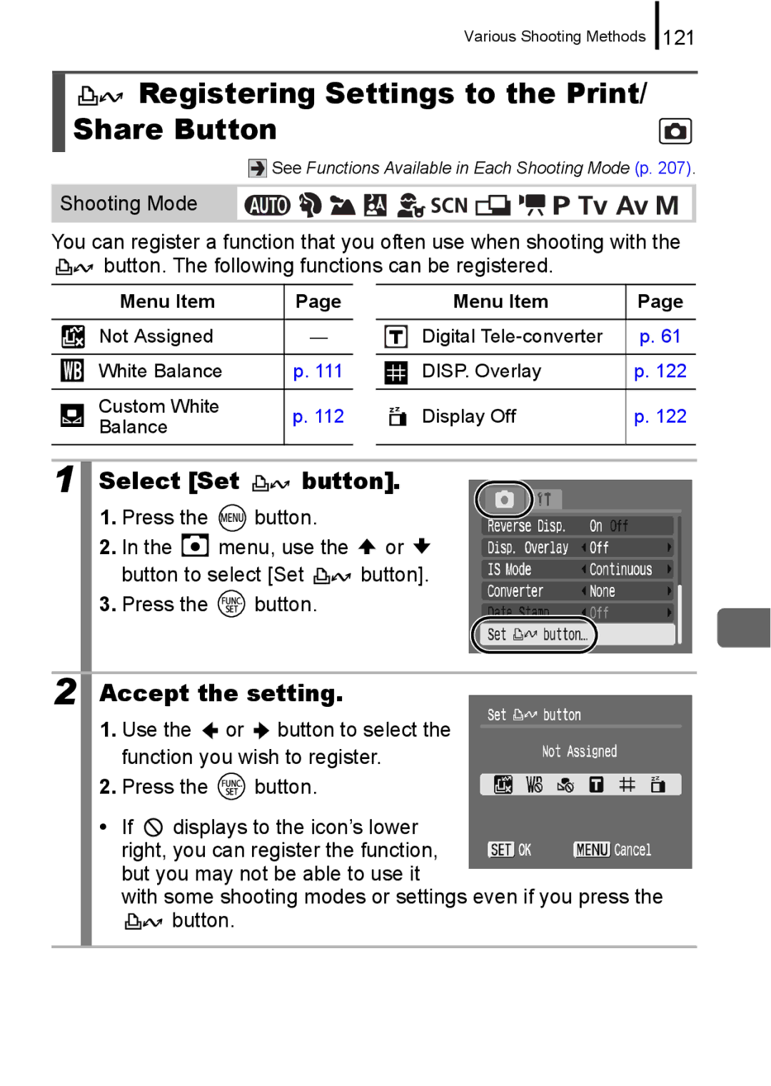 Canon A650 IS appendix Registering Settings to the Print/ Share Button, Select Set button, 121, Menu Item 