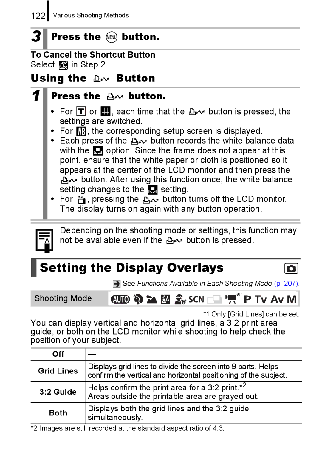 Canon A650 IS appendix Setting the Display Overlays, Using the Button, 122, To Cancel the Shortcut Button, Select in Step 