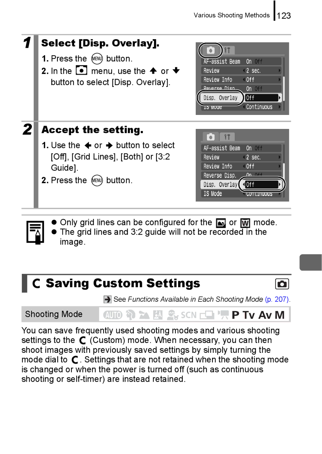 Canon A650 IS appendix Saving Custom Settings, Select Disp. Overlay, 123, Image 