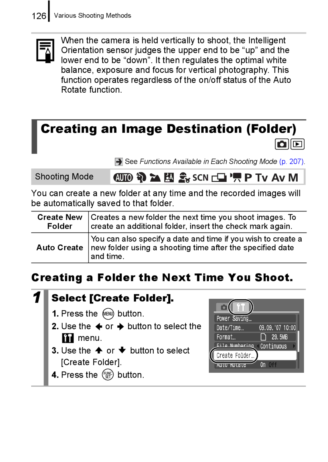 Canon A650 IS Creating an Image Destination Folder, Creating a Folder the Next Time You Shoot, Select Create Folder, 126 