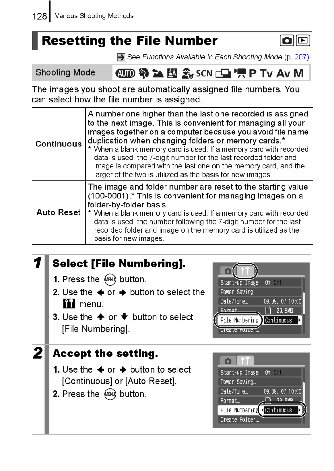 Canon A650 IS appendix Resetting the File Number, Select File Numbering, 128, Continuous, Auto Reset 