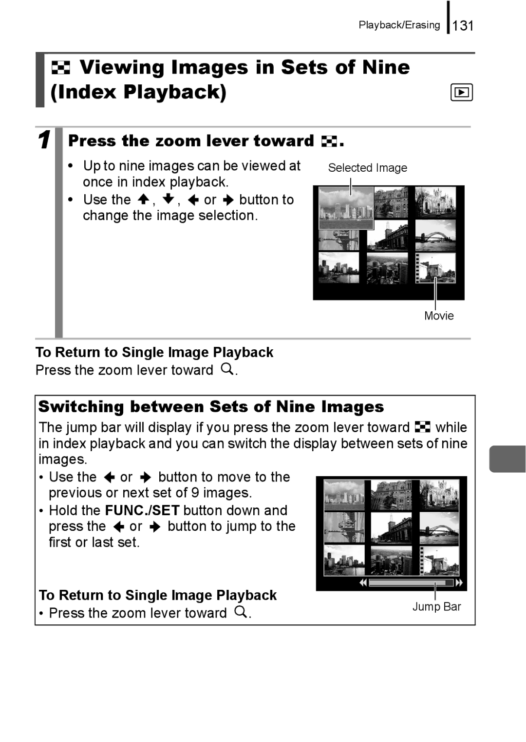 Canon A650 IS appendix Viewing Images in Sets of Nine Index Playback, Switching between Sets of Nine Images 