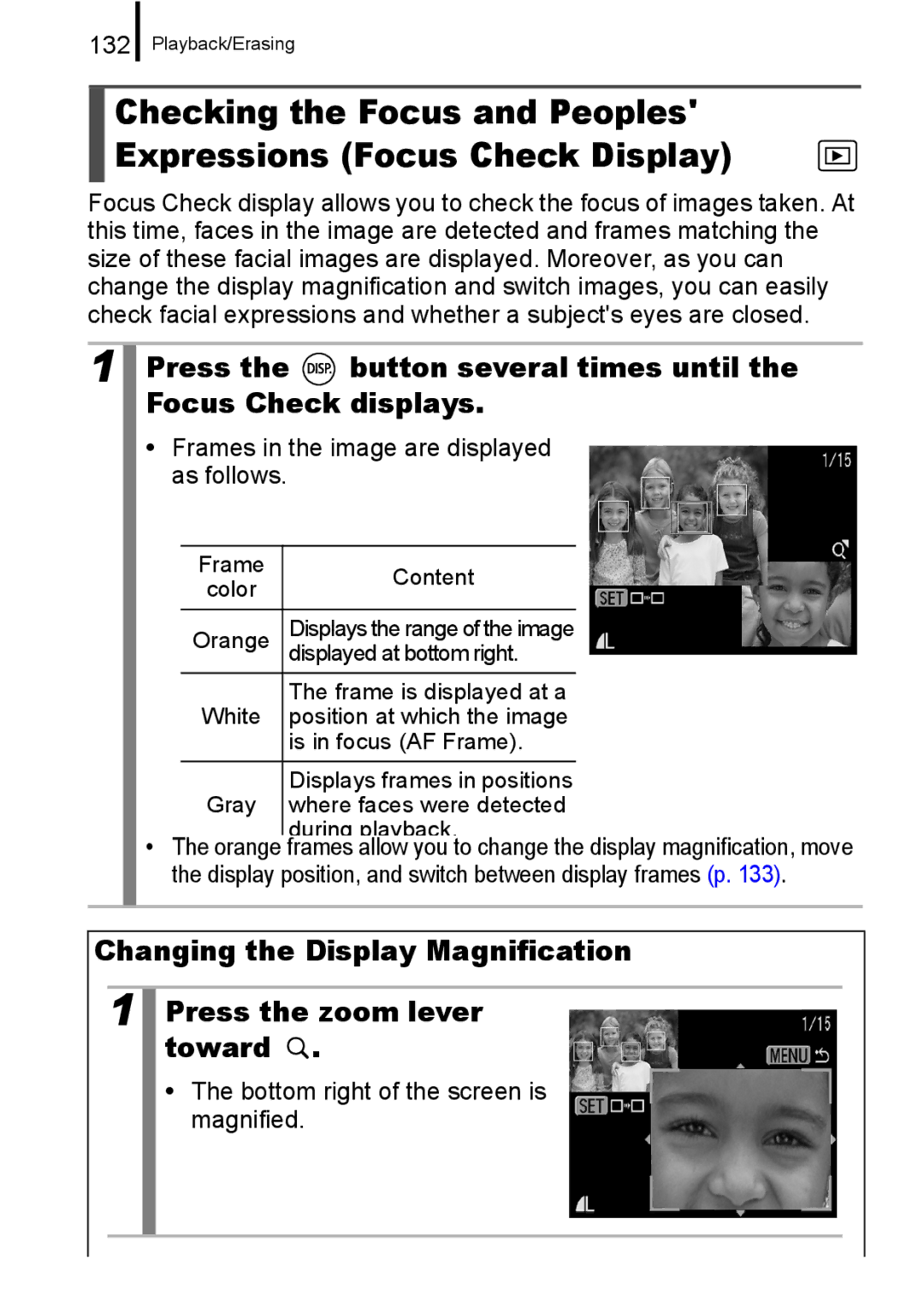 Canon A650 IS appendix 132, Frames in the image are displayed as follows, Bottom right of the screen is magnified 