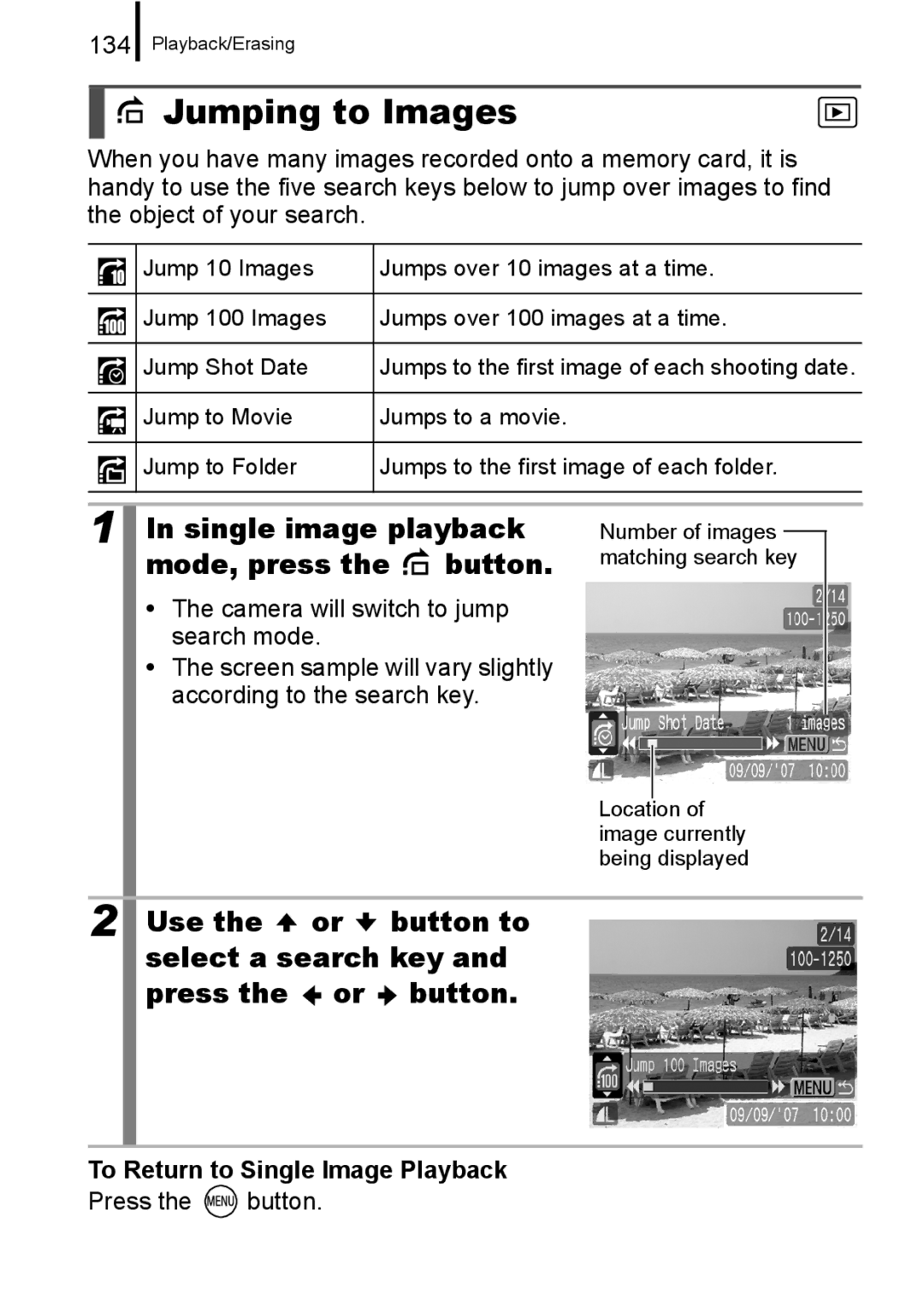 Canon A650 IS Jumping to Images, Single image playback, Mode, press Button, Use Button to Select a search key Press 