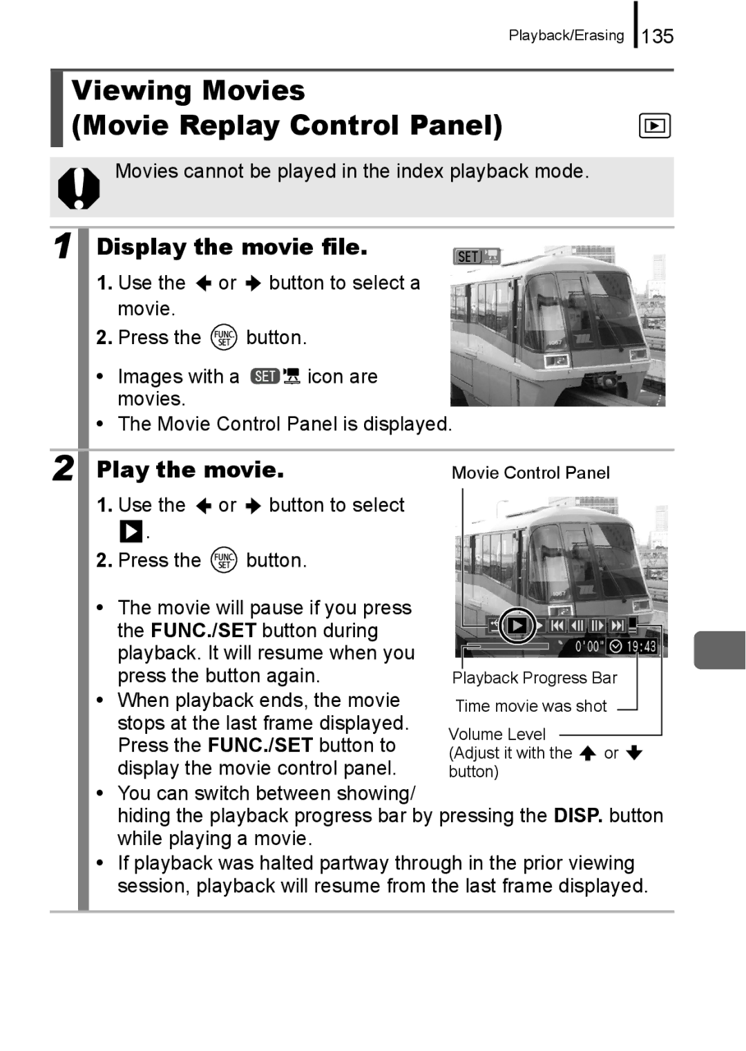 Canon A650 IS appendix Viewing Movies Movie Replay Control Panel, Display the movie file, Play the movie 