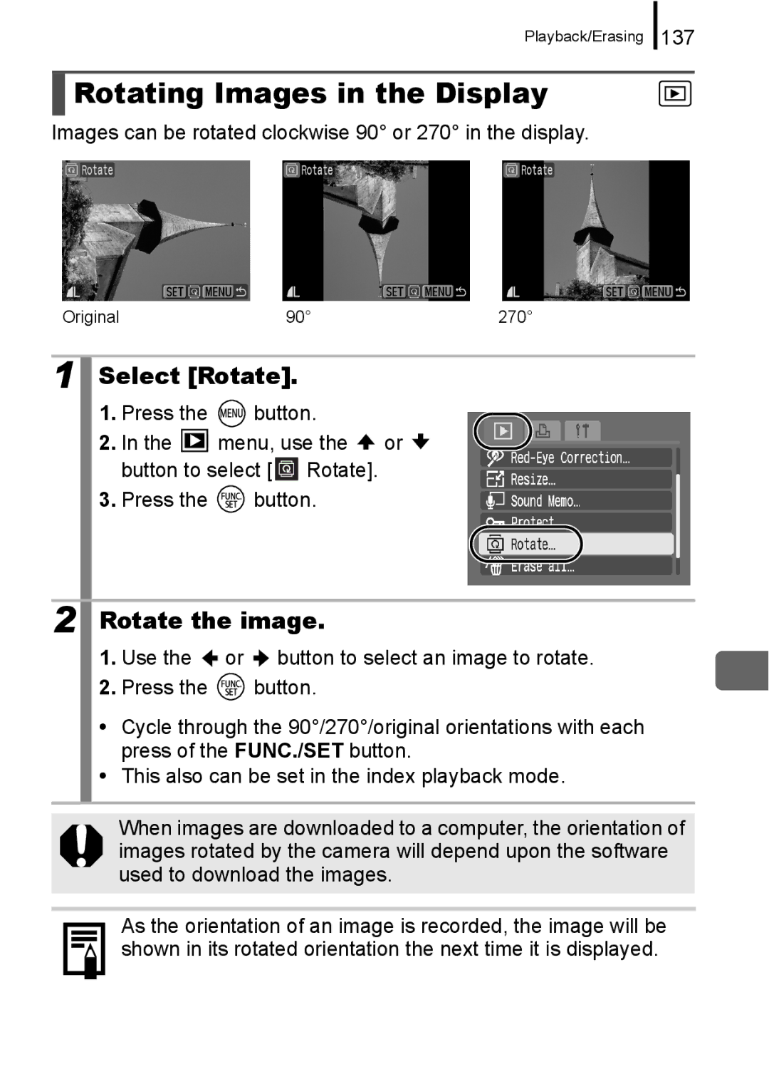 Canon A650 IS appendix Rotating Images in the Display, Select Rotate, Rotate the image 