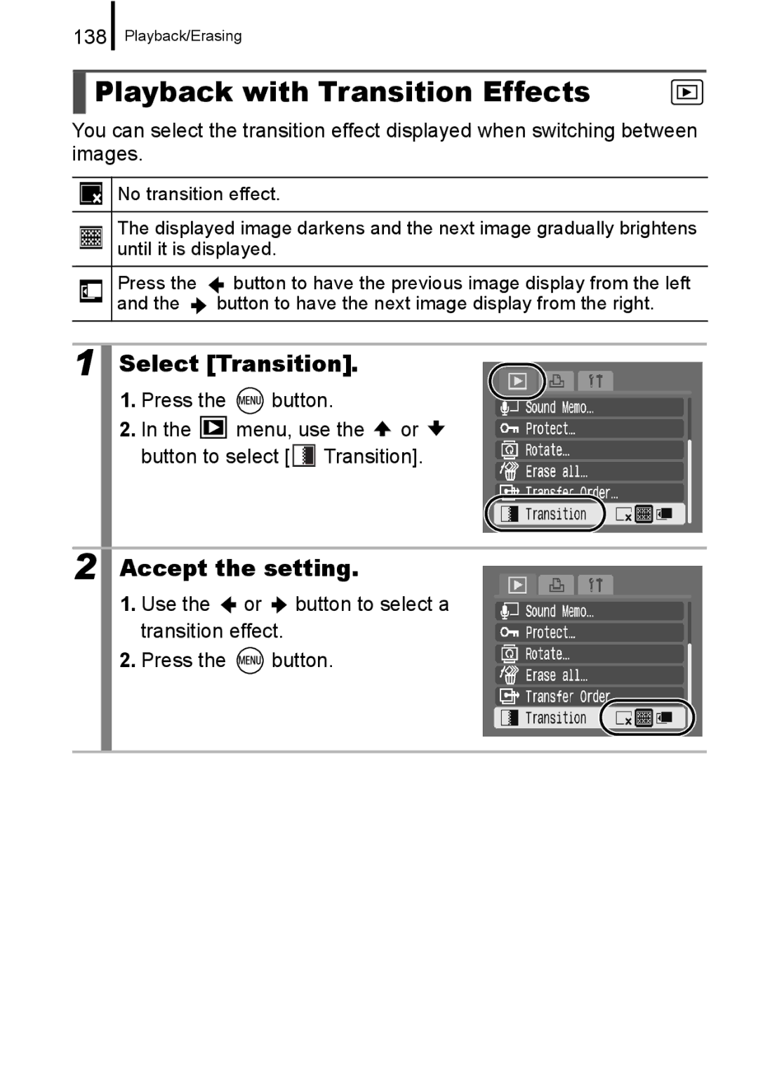 Canon A650 IS appendix Playback with Transition Effects, Select Transition, 138 