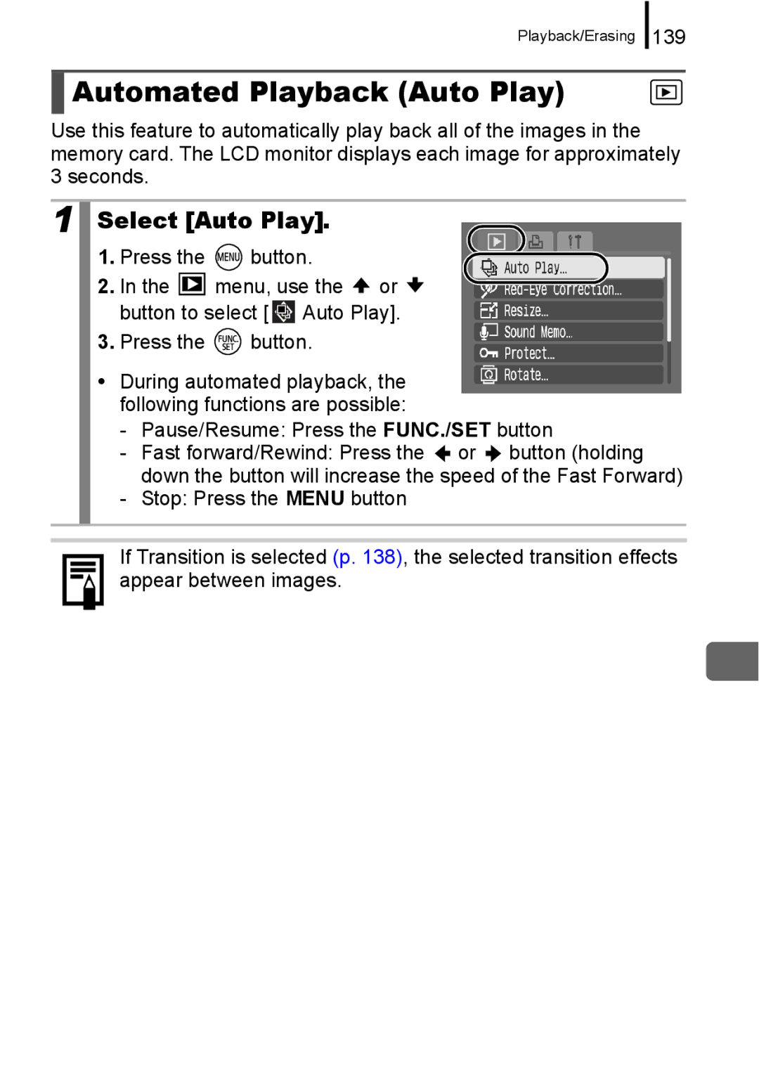 Canon A650 IS appendix Automated Playback Auto Play, Select Auto Play, 139, Pause/Resume Press the FUNC./SET button 