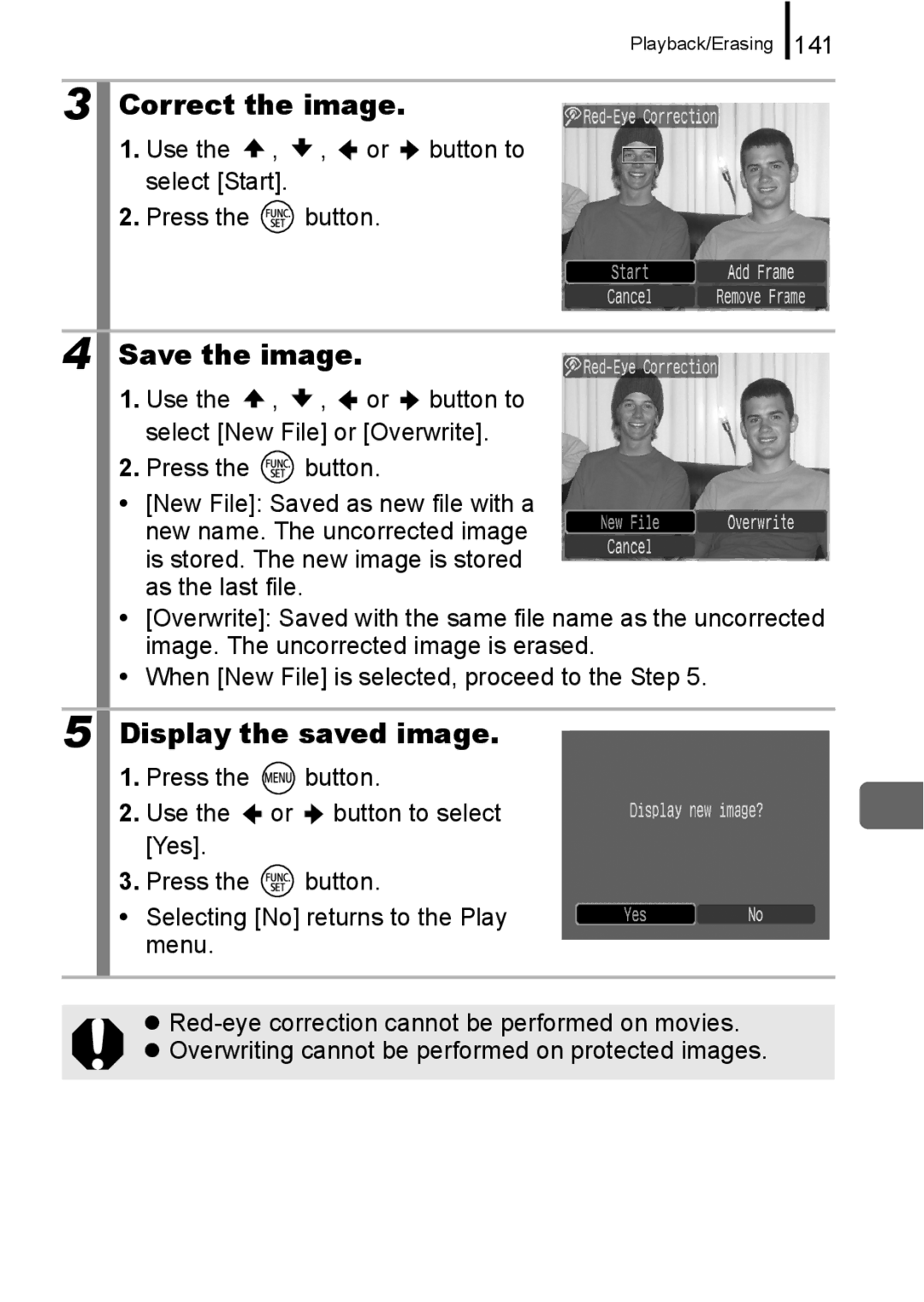 Canon A650 IS appendix Correct the image, Save the image, Display the saved image, 141 