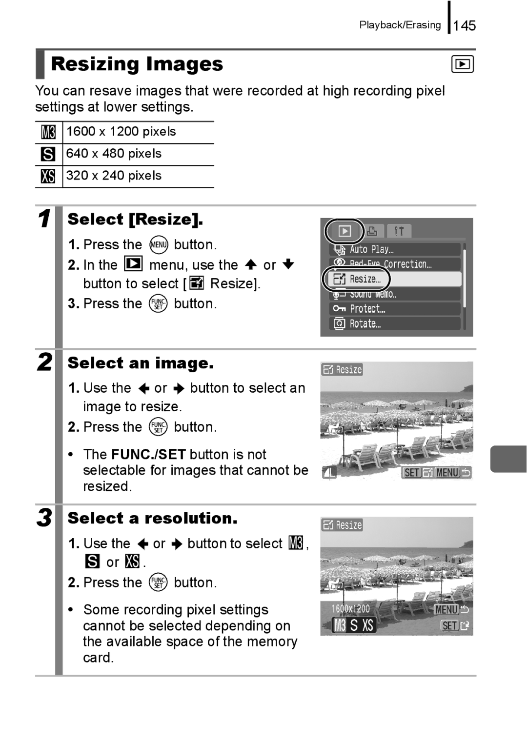 Canon A650 IS appendix Resizing Images, Select Resize, Select a resolution, 145 