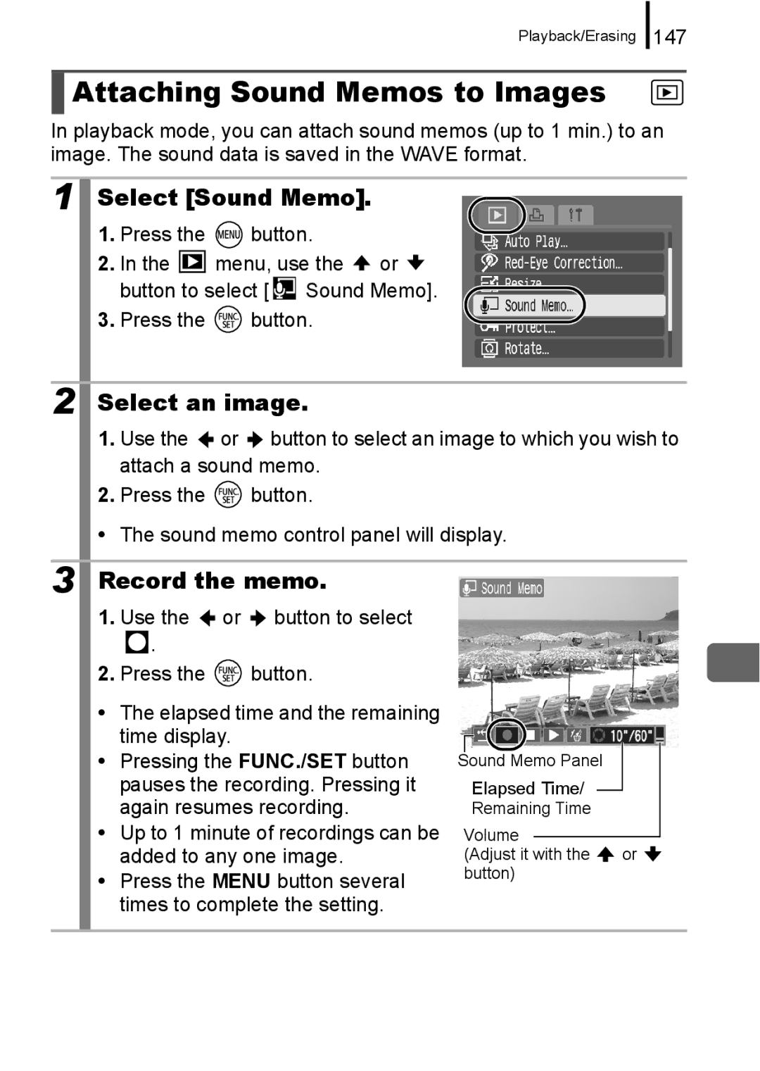 Canon A650 IS appendix Attaching Sound Memos to Images, Select Sound Memo, Record the memo 
