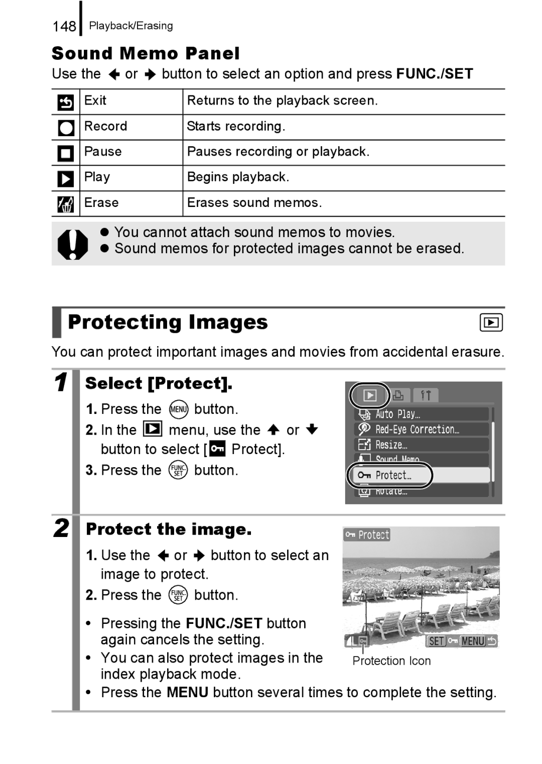 Canon A650 IS appendix Protecting Images, Sound Memo Panel, Select Protect, Protect the image 