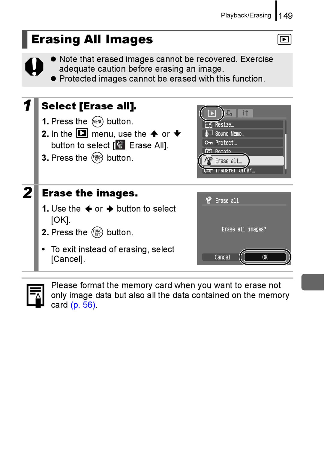 Canon A650 IS appendix Erasing All Images, Select Erase all, Erase the images, 149 