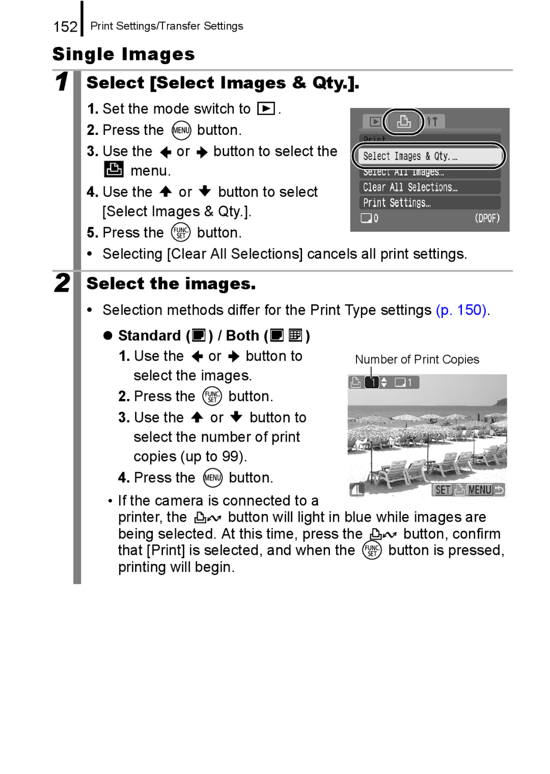 Canon A650 IS appendix Single Images, Select Select Images & Qty, Select the images, Standard / Both 