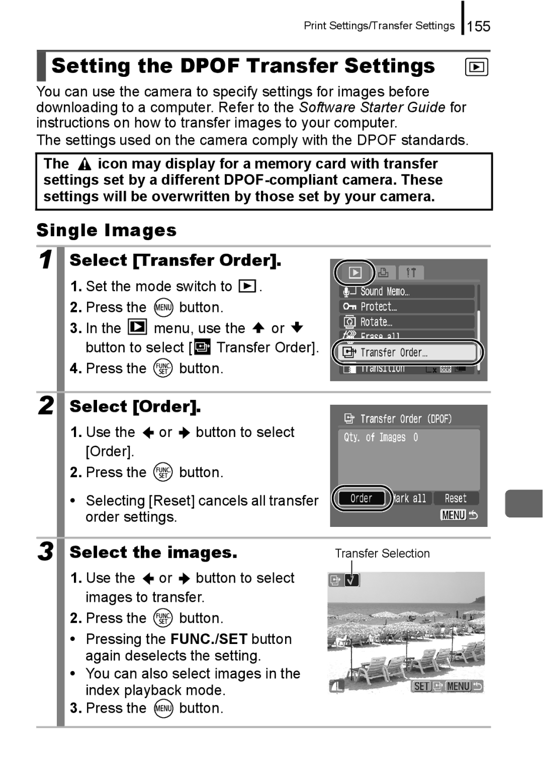 Canon A650 IS appendix Setting the Dpof Transfer Settings, Select Transfer Order, Select Order, 155 