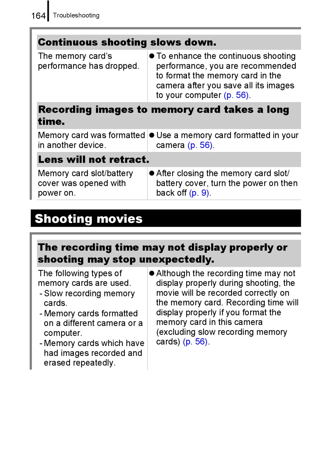 Canon A650 IS appendix Shooting movies, Continuous shooting slows down, Recording images to memory card takes a long time 