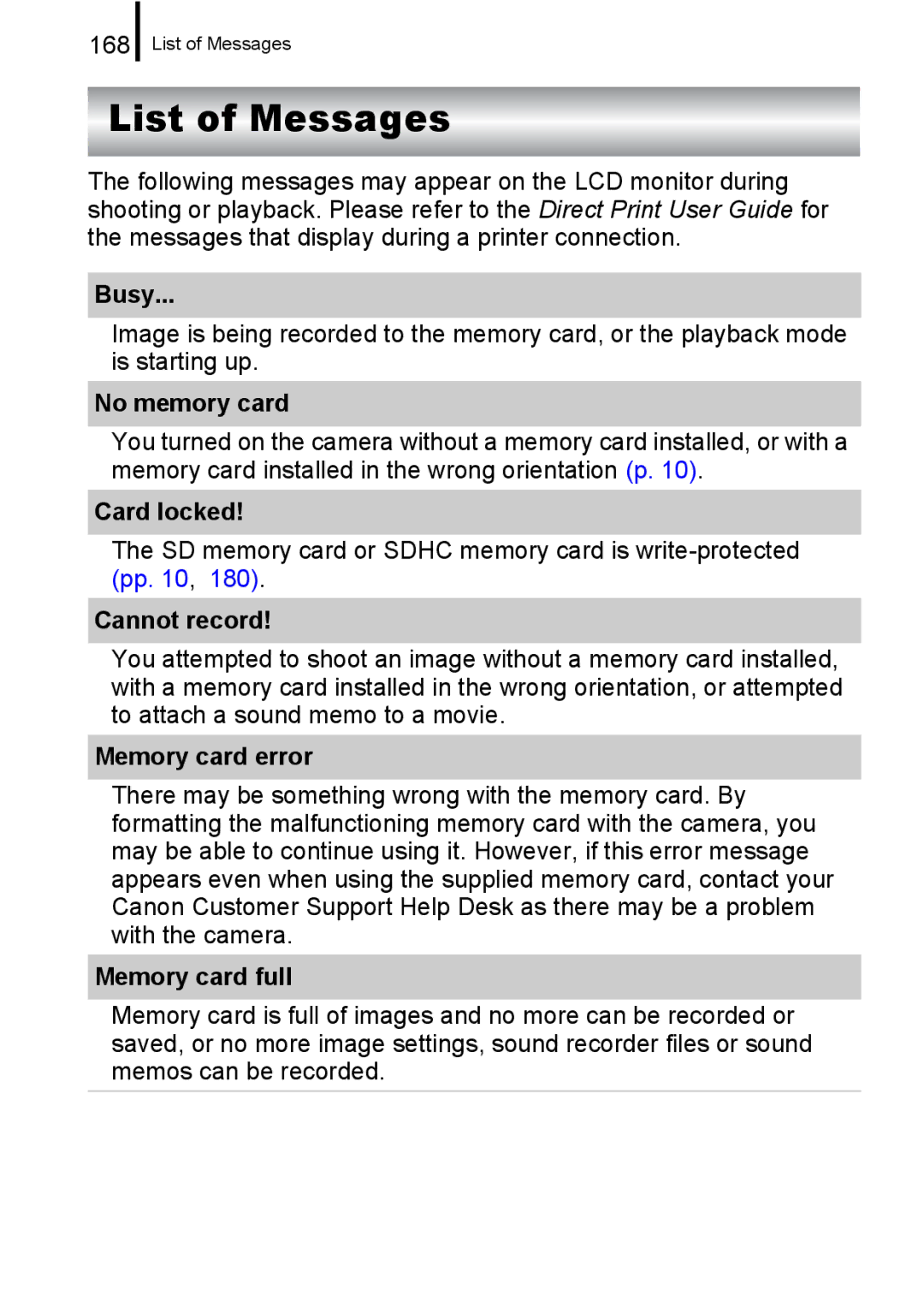 Canon A650 IS appendix List of Messages 