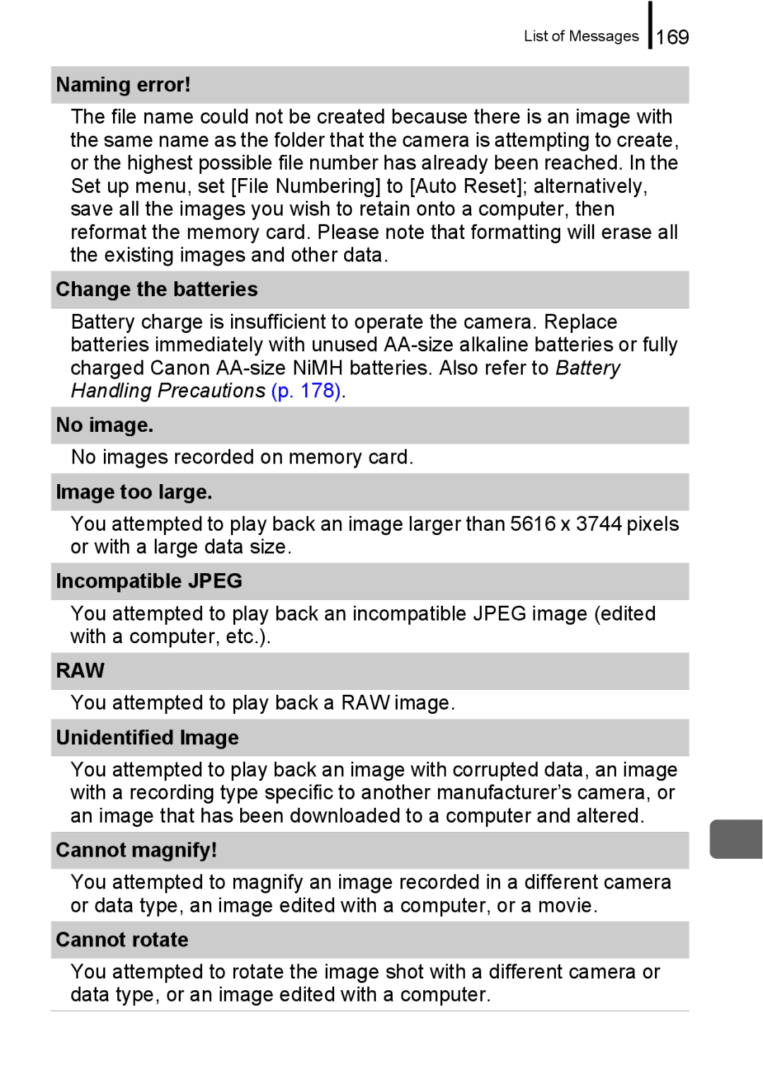 Canon A650 IS appendix Naming error, Change the batteries, No image, Image too large, Incompatible Jpeg, Unidentified Image 