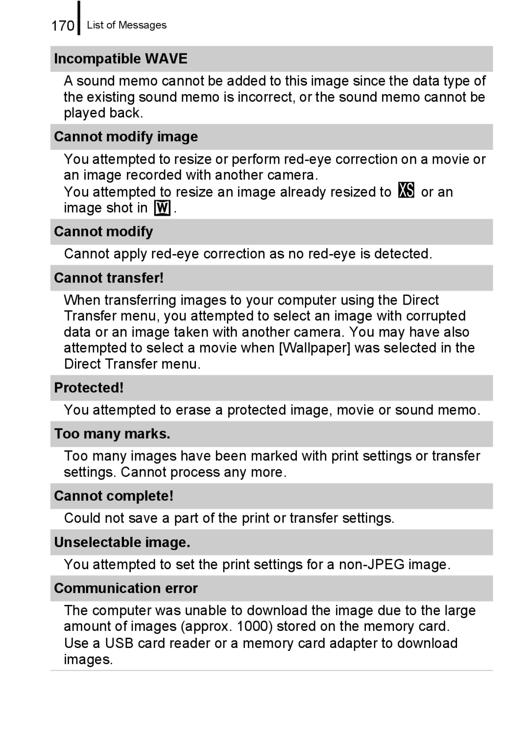 Canon A650 IS appendix Incompatible Wave, Cannot modify image, Cannot transfer, Protected, Too many marks, Cannot complete 