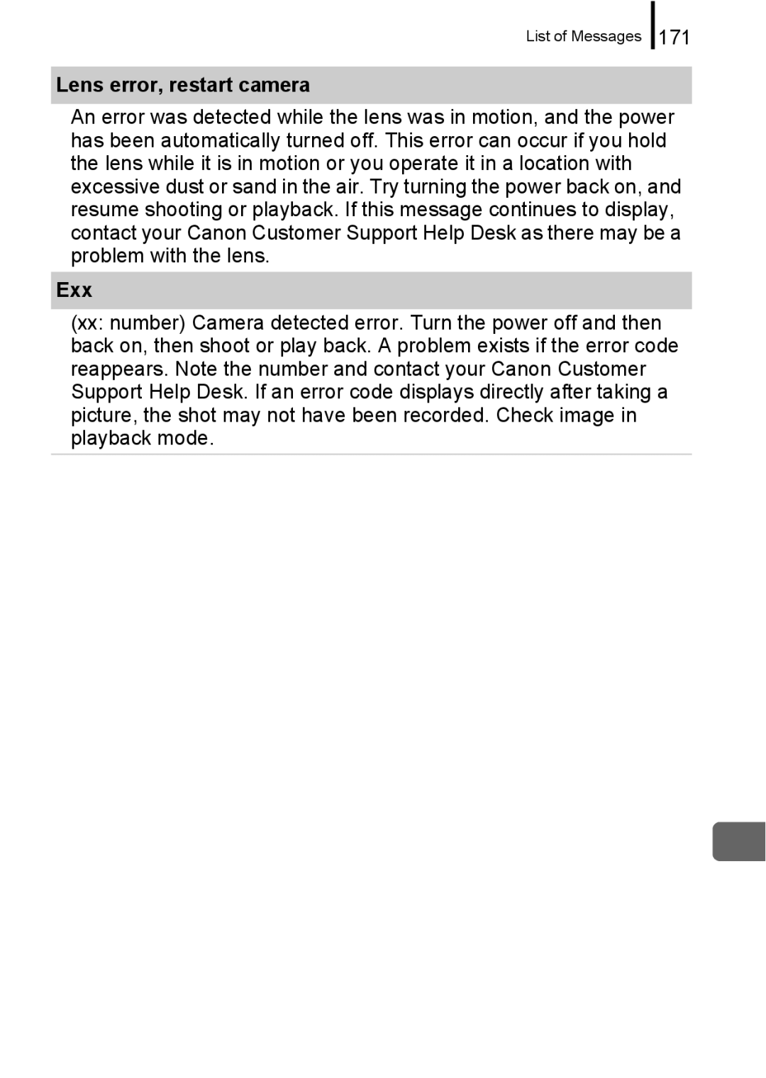 Canon A650 IS appendix Lens error, restart camera, Exx 