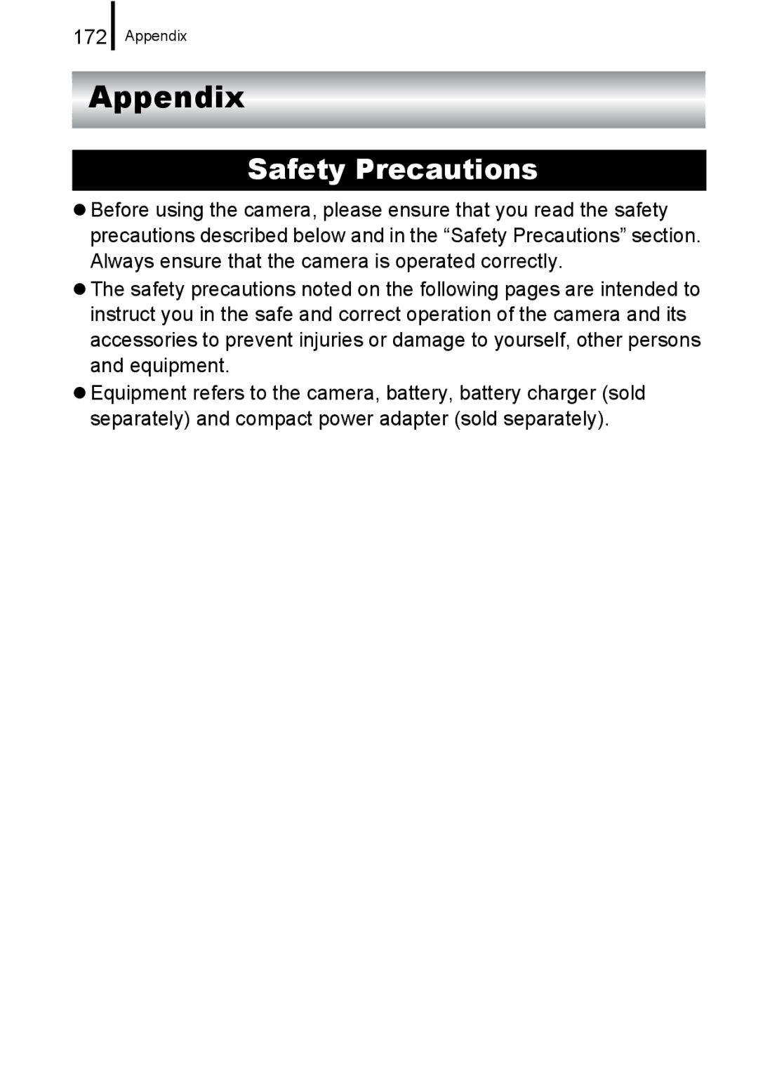 Canon A650 IS appendix Appendix, Safety Precautions, 172 