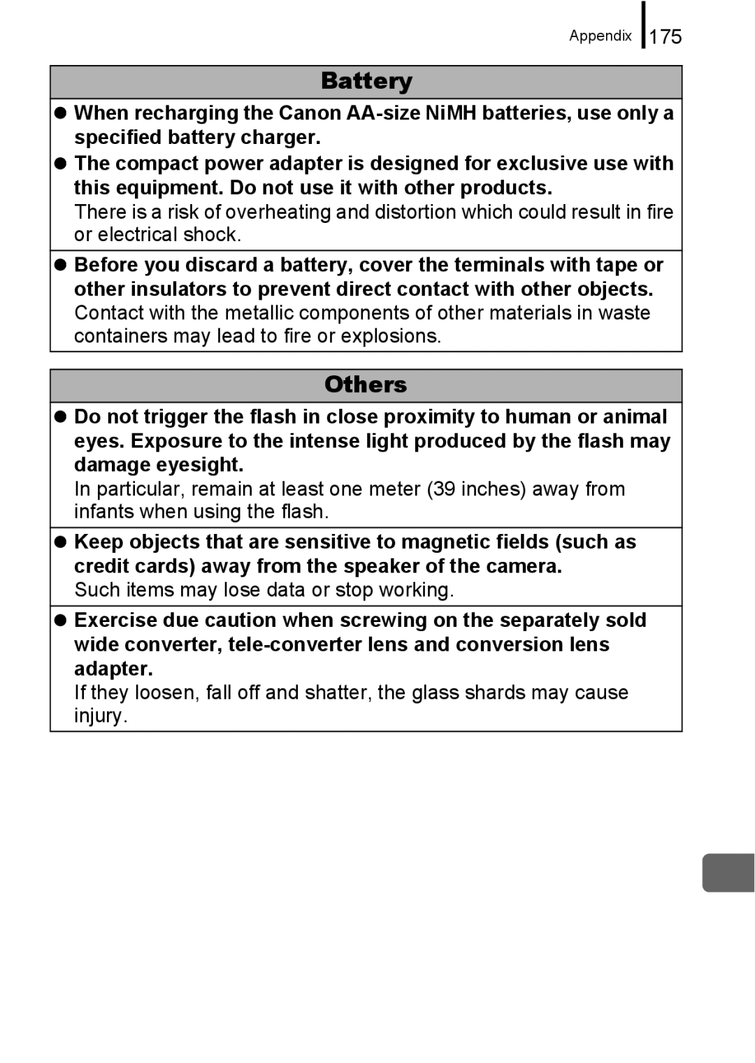 Canon A650 IS appendix Others, 175, Such items may lose data or stop working 