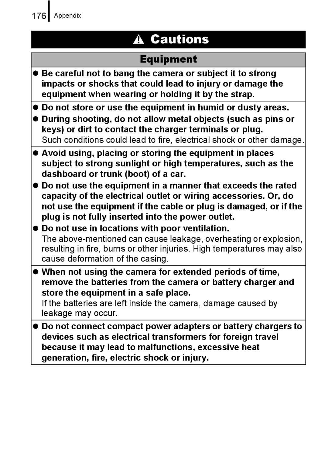 Canon A650 IS appendix 176, Do not store or use the equipment in humid or dusty areas 