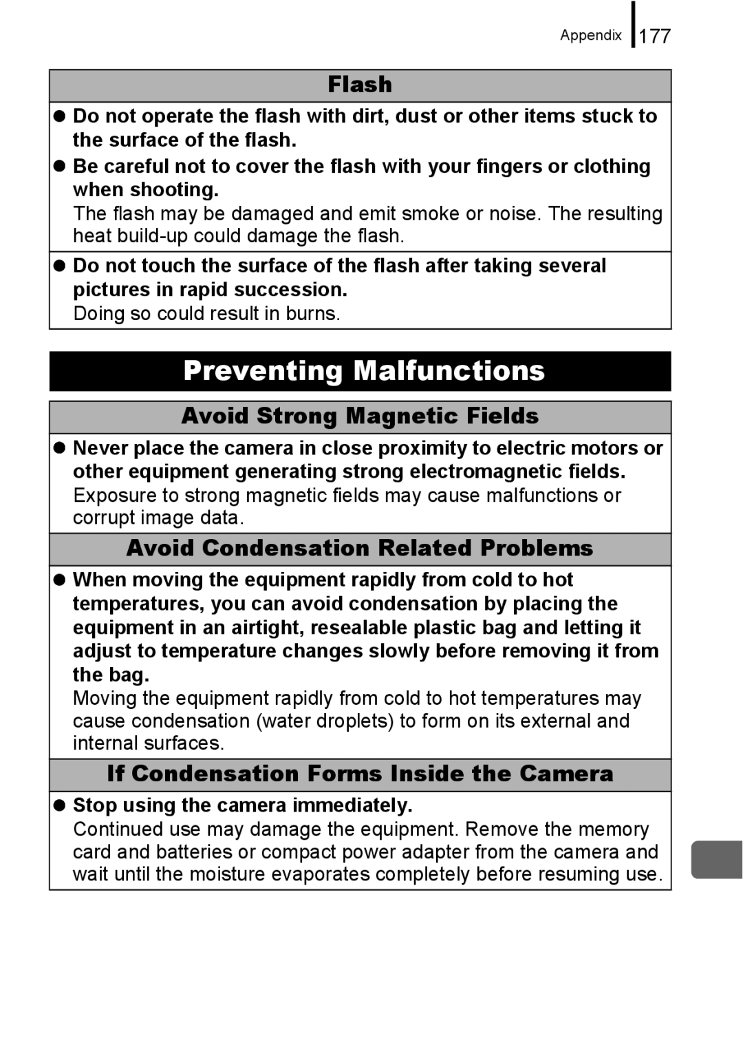Canon A650 IS appendix Preventing Malfunctions, Flash, Avoid Strong Magnetic Fields, Avoid Condensation Related Problems 