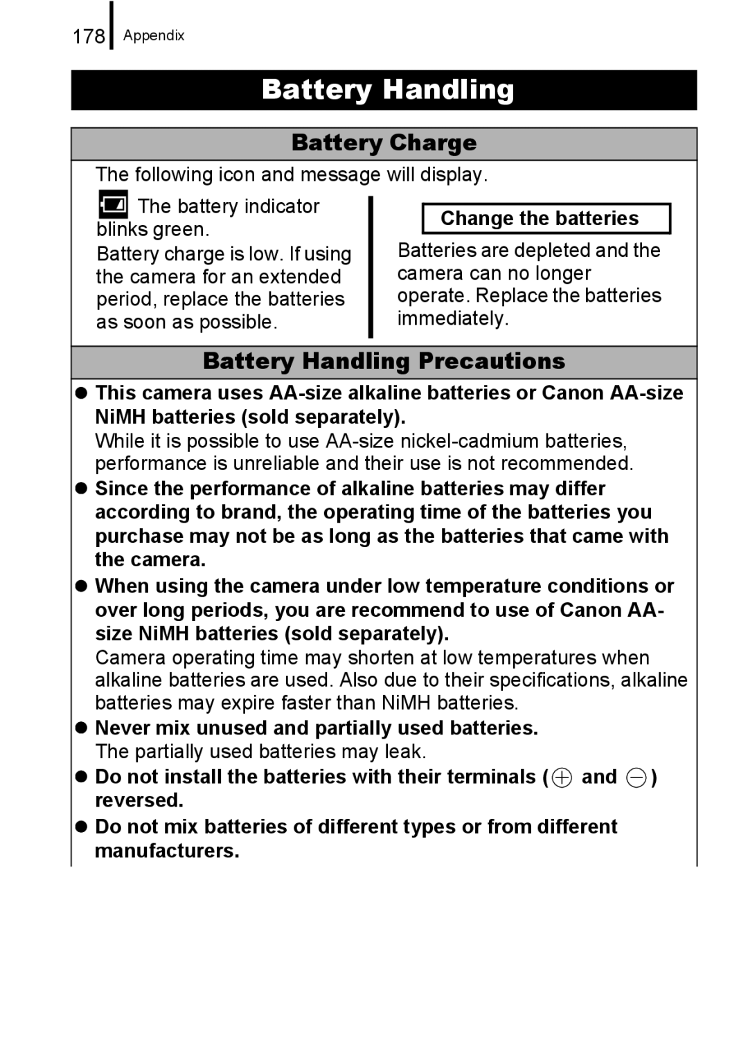 Canon A650 IS appendix Battery Charge, Battery Handling Precautions, 178 