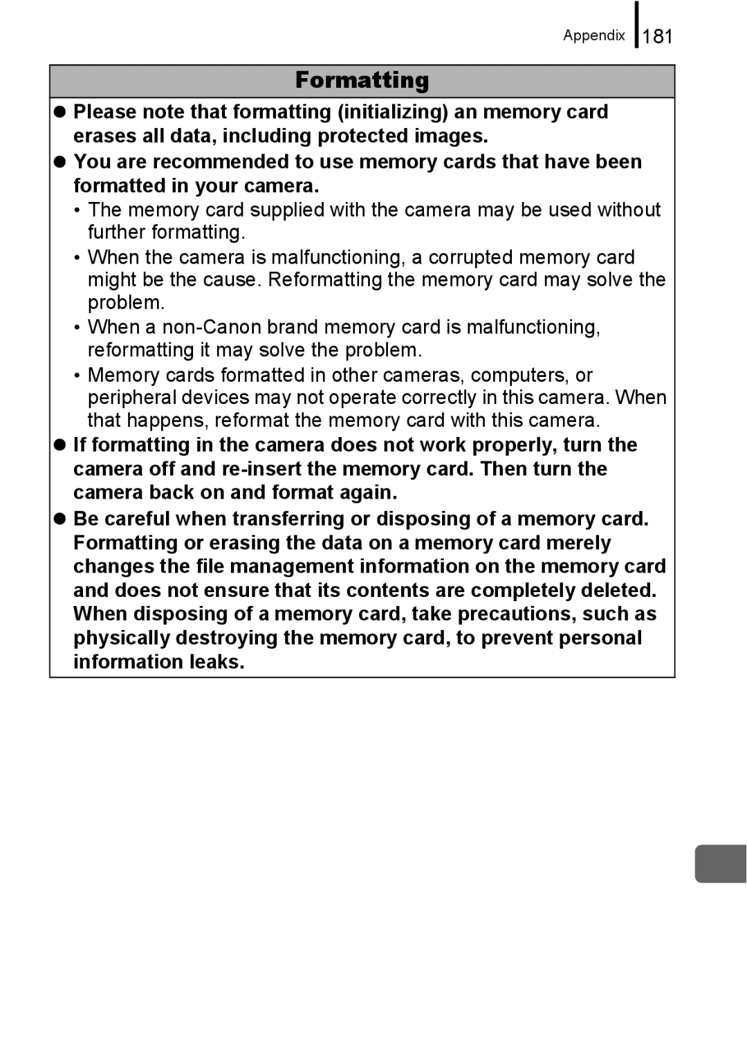 Canon A650 IS appendix Formatting, 181 