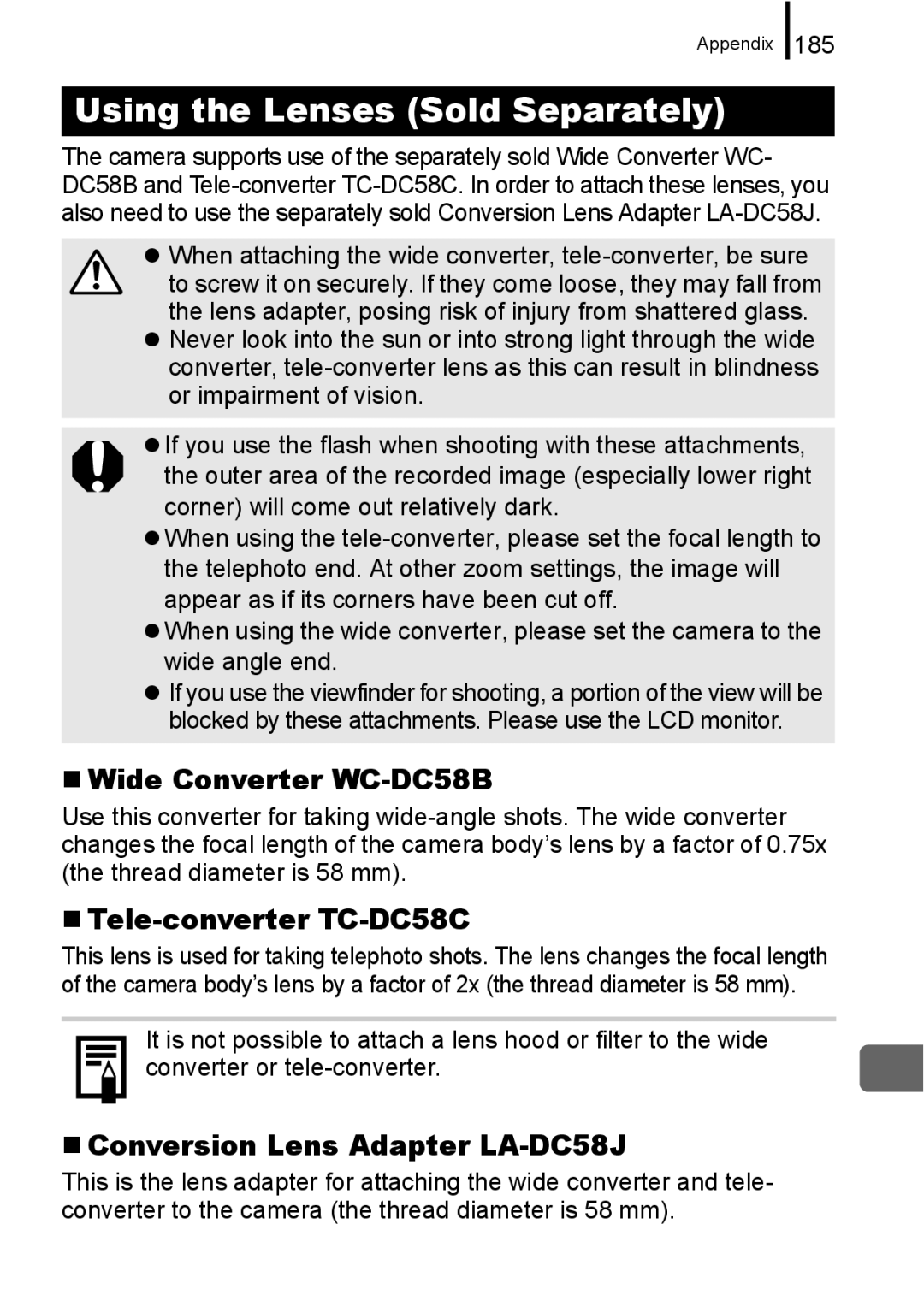 Canon A650 IS appendix Using the Lenses Sold Separately, „ Wide Converter WC-DC58B, „ Tele-converter TC-DC58C 