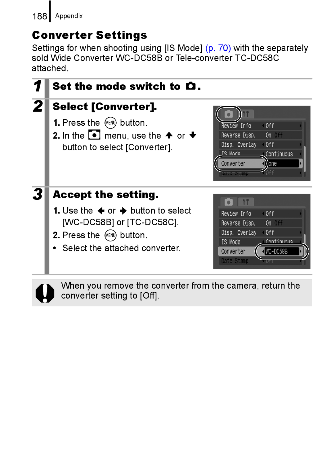 Canon A650 IS appendix Converter Settings, Select Converter, 188 