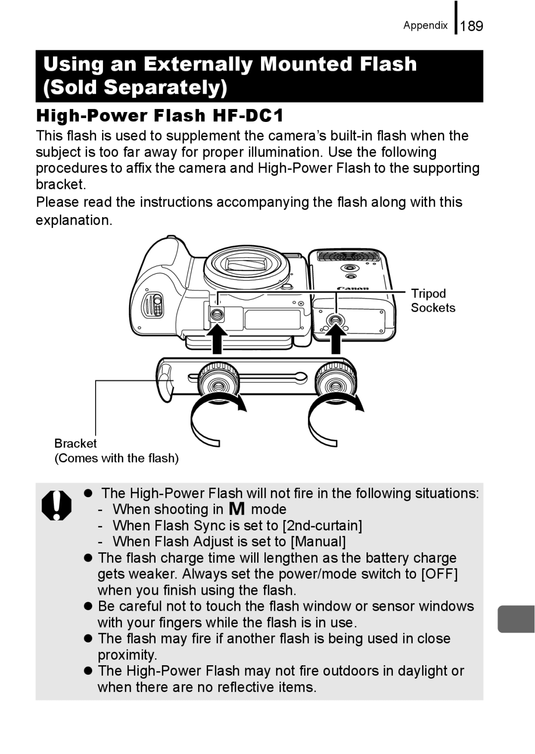 Canon A650 IS appendix Using an Externally Mounted Flash Sold Separately, High-Power Flash HF-DC1, 189 