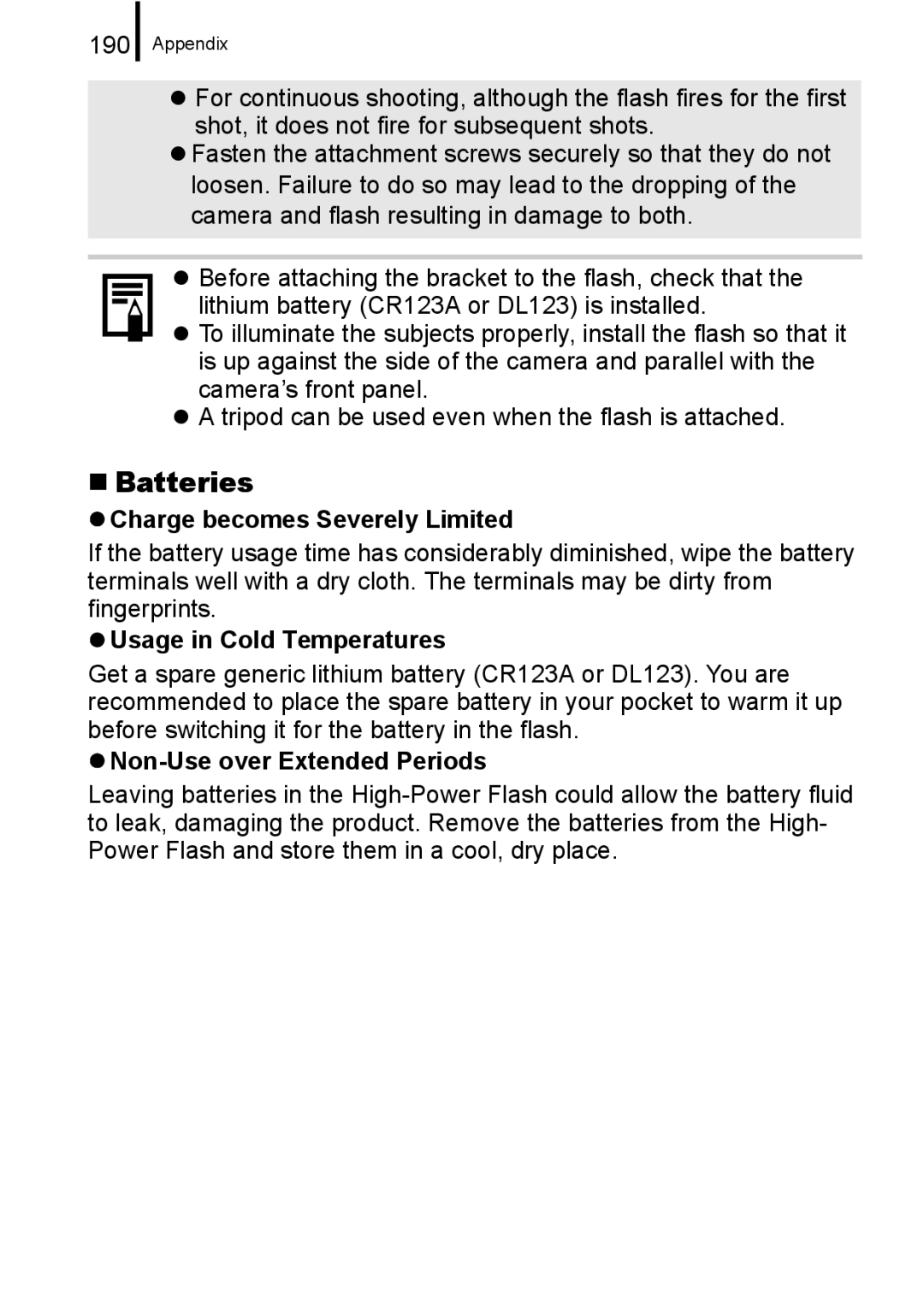 Canon A650 IS „ Batteries, 190, Charge becomes Severely Limited, Usage in Cold Temperatures, Non-Use over Extended Periods 