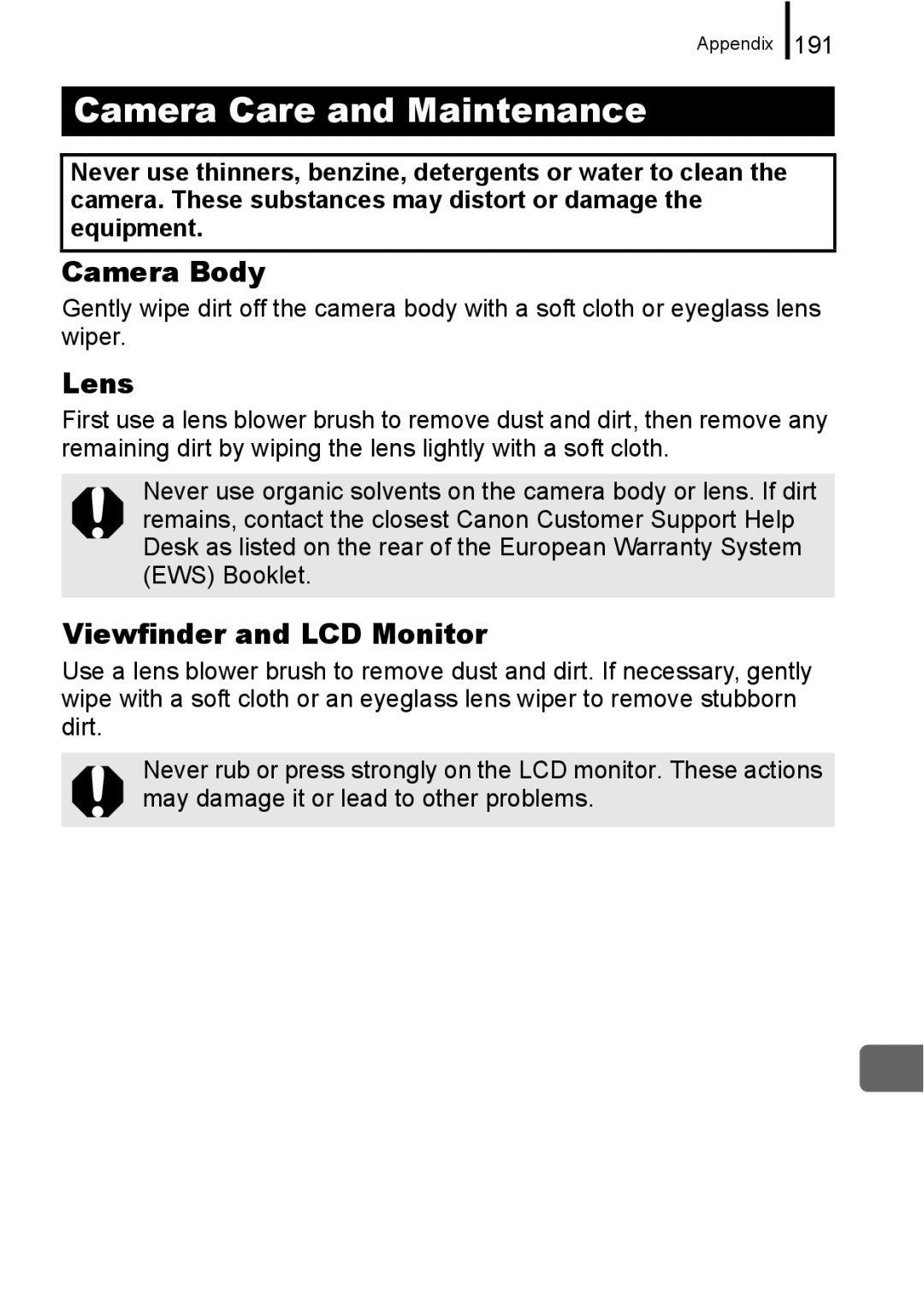 Canon A650 IS appendix Camera Care and Maintenance, Camera Body, Lens, Viewfinder and LCD Monitor, 191 