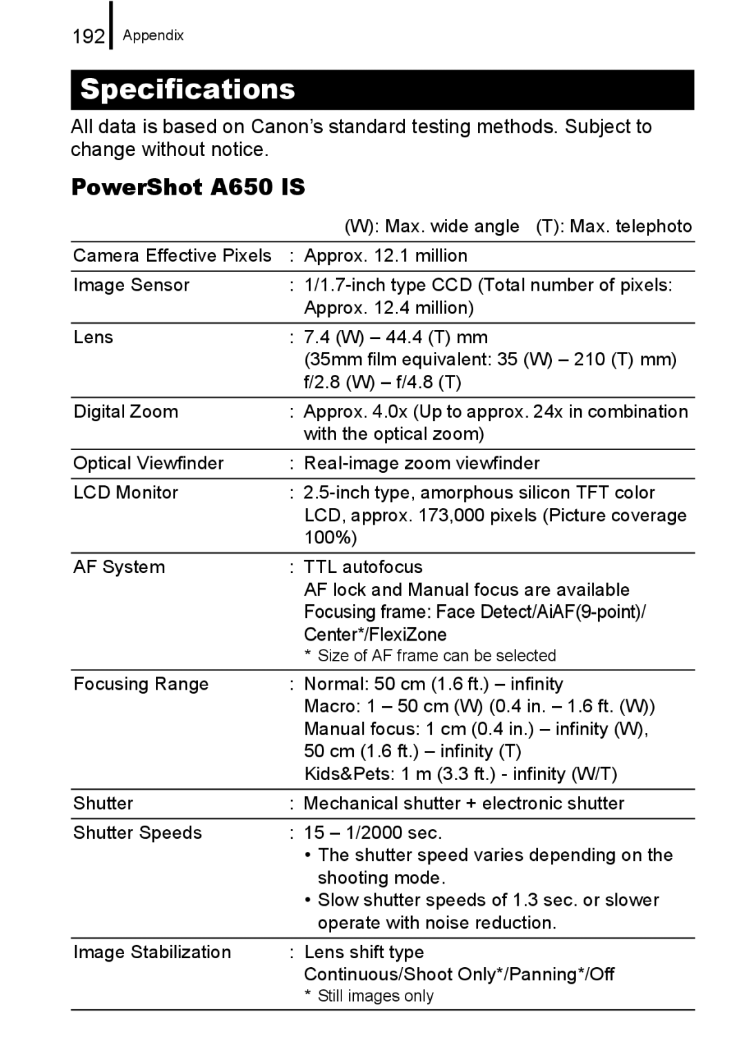 Canon A650 IS appendix Specifications, PowerShot A650 is, 192 