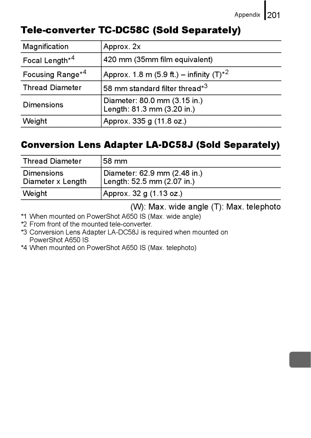 Canon A650 IS appendix Tele-converter TC-DC58C Sold Separately, Conversion Lens Adapter LA-DC58J Sold Separately, 201 