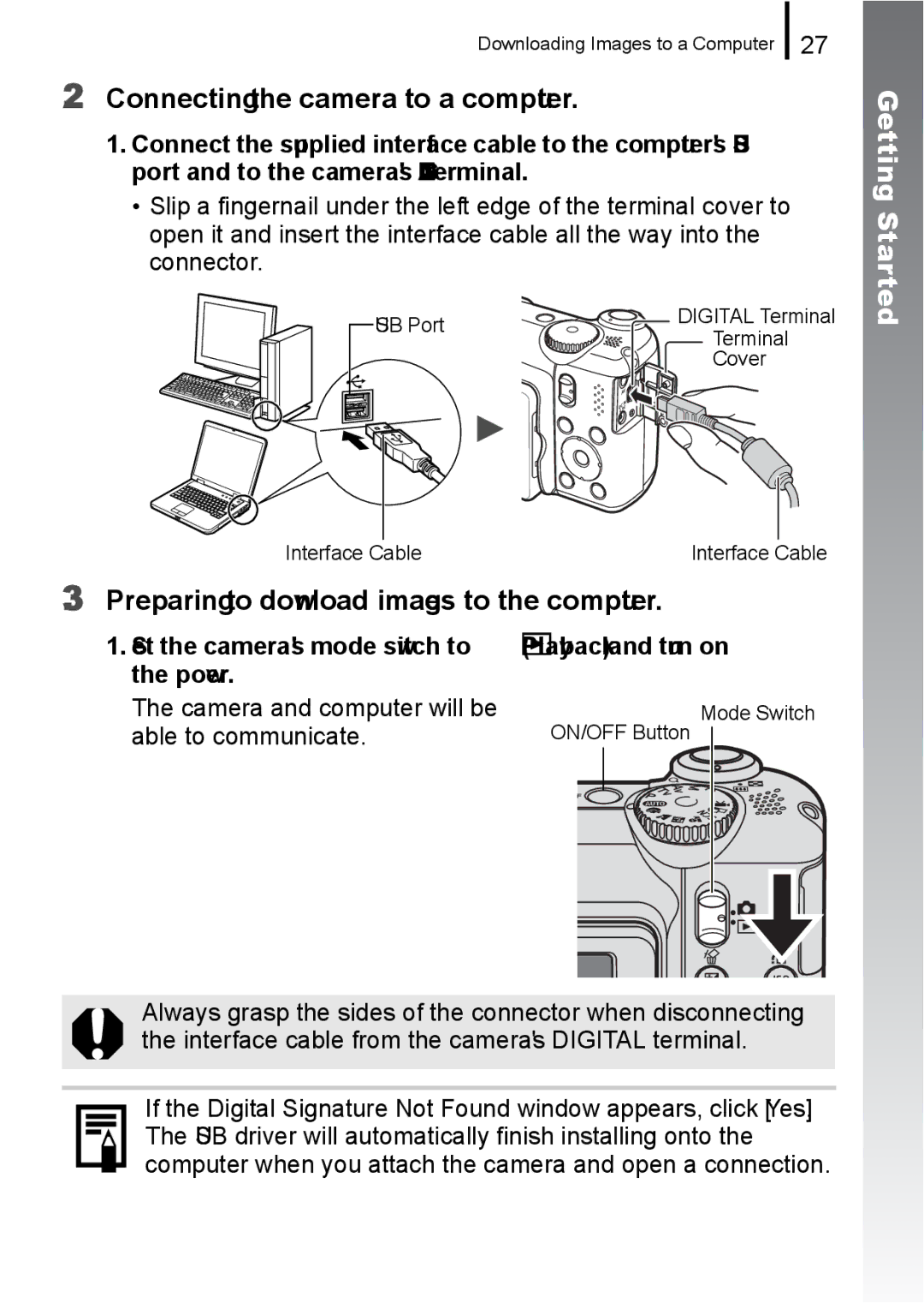 Canon A650 IS Connecting the camera to a computer, Preparing to download images to the computer, Playback and turn on 