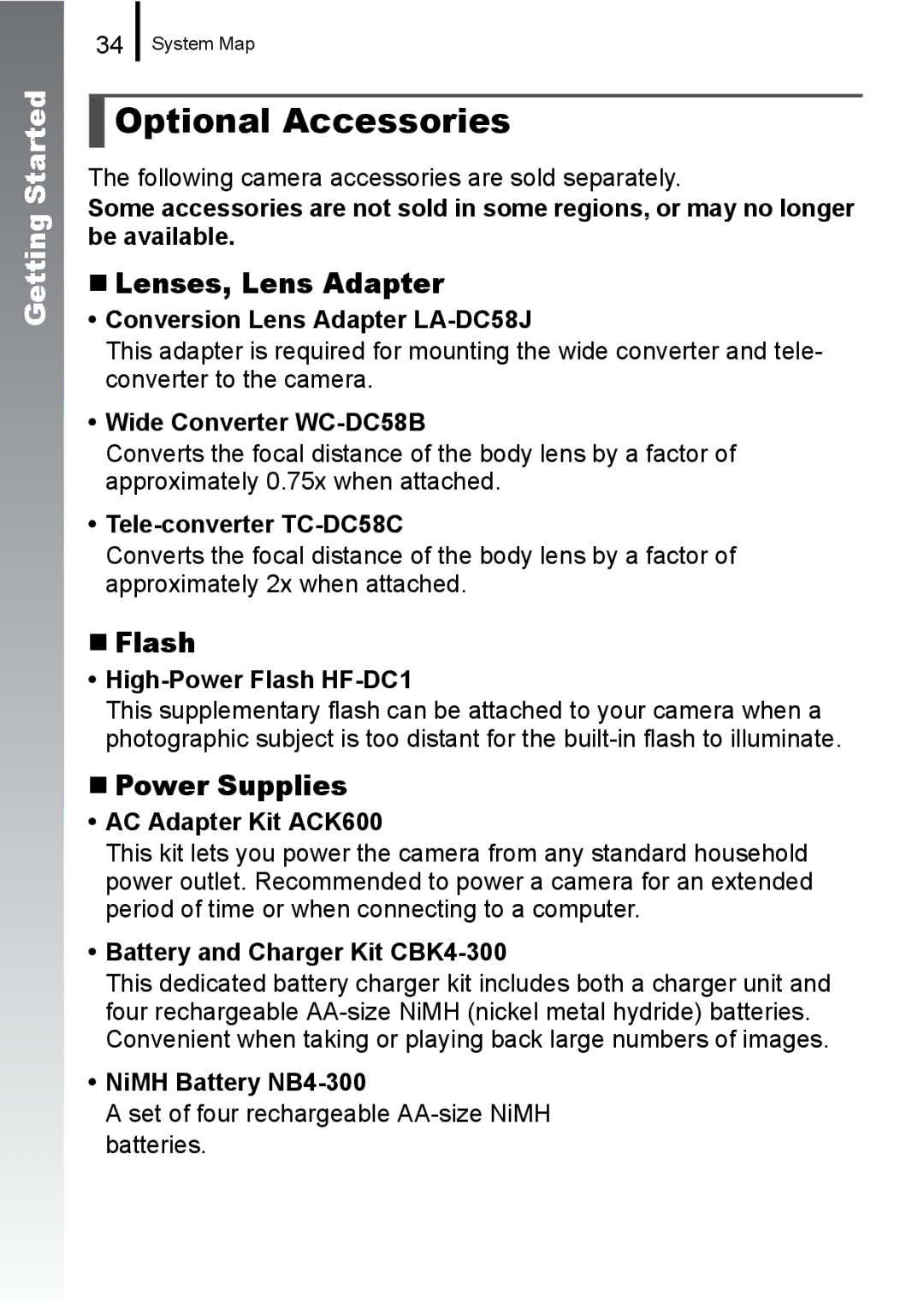 Canon A650 IS appendix Optional Accessories, „ Lenses, Lens Adapter, „ Flash, „ Power Supplies 