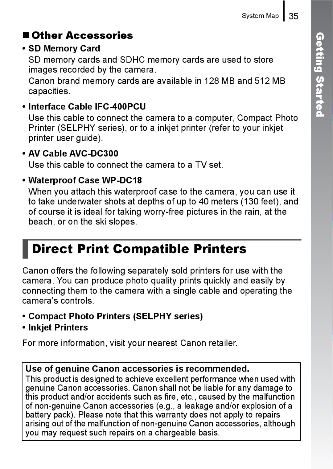 Canon A650 IS appendix Direct Print Compatible Printers, „ Other Accessories 