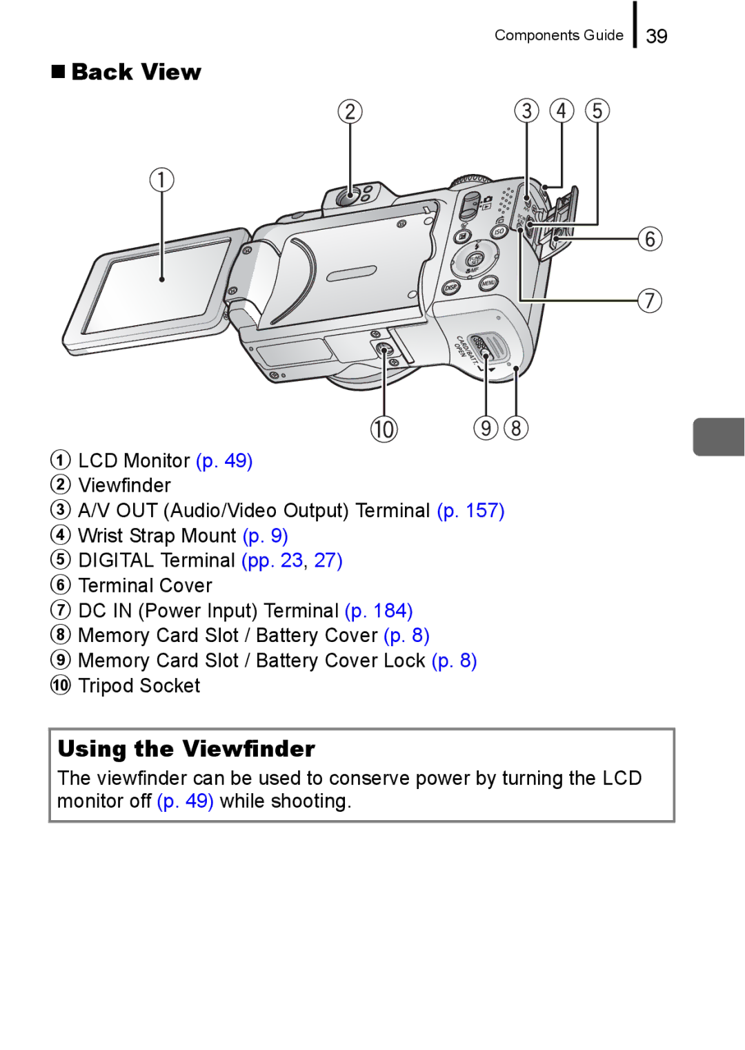 Canon A650 IS appendix „ Back View, Using the Viewfinder 