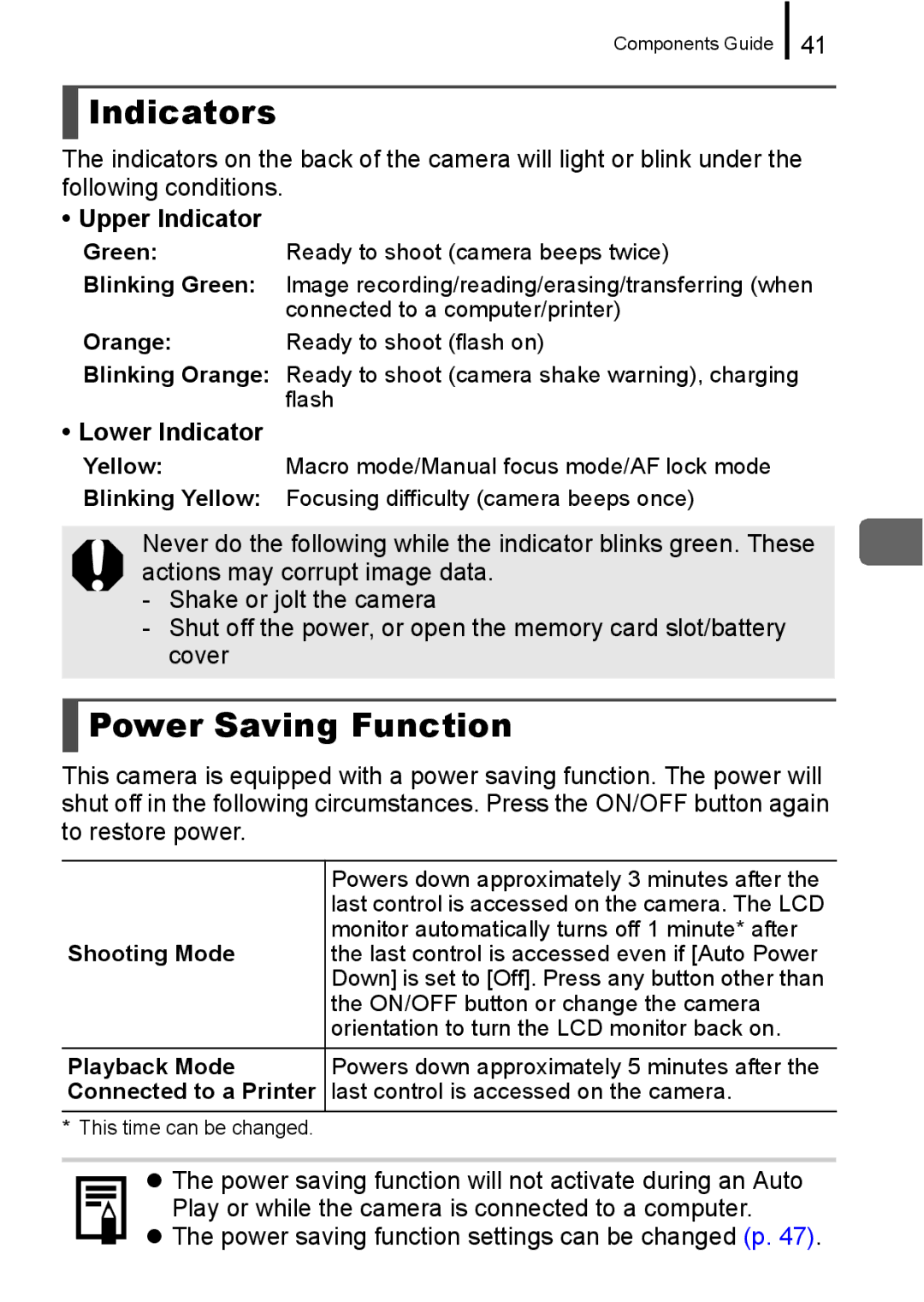 Canon A650 IS appendix Upper Indicator, Lower Indicator, Power saving function settings can be changed p 