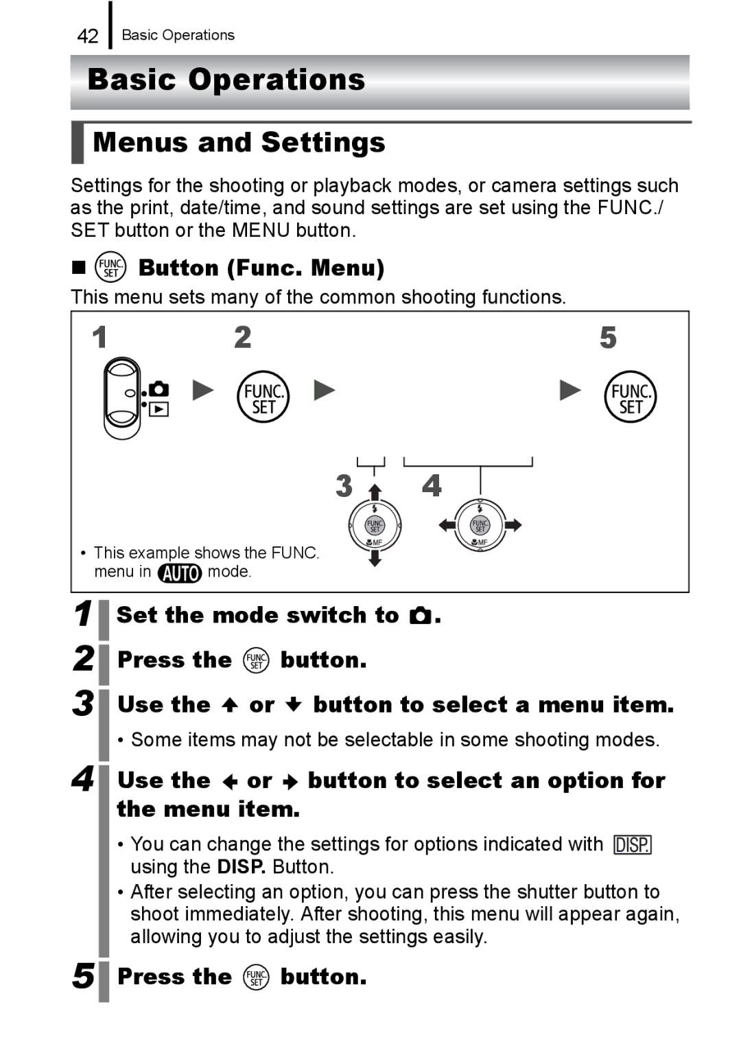 Canon A650 IS appendix Basic Operations, Menus and Settings 